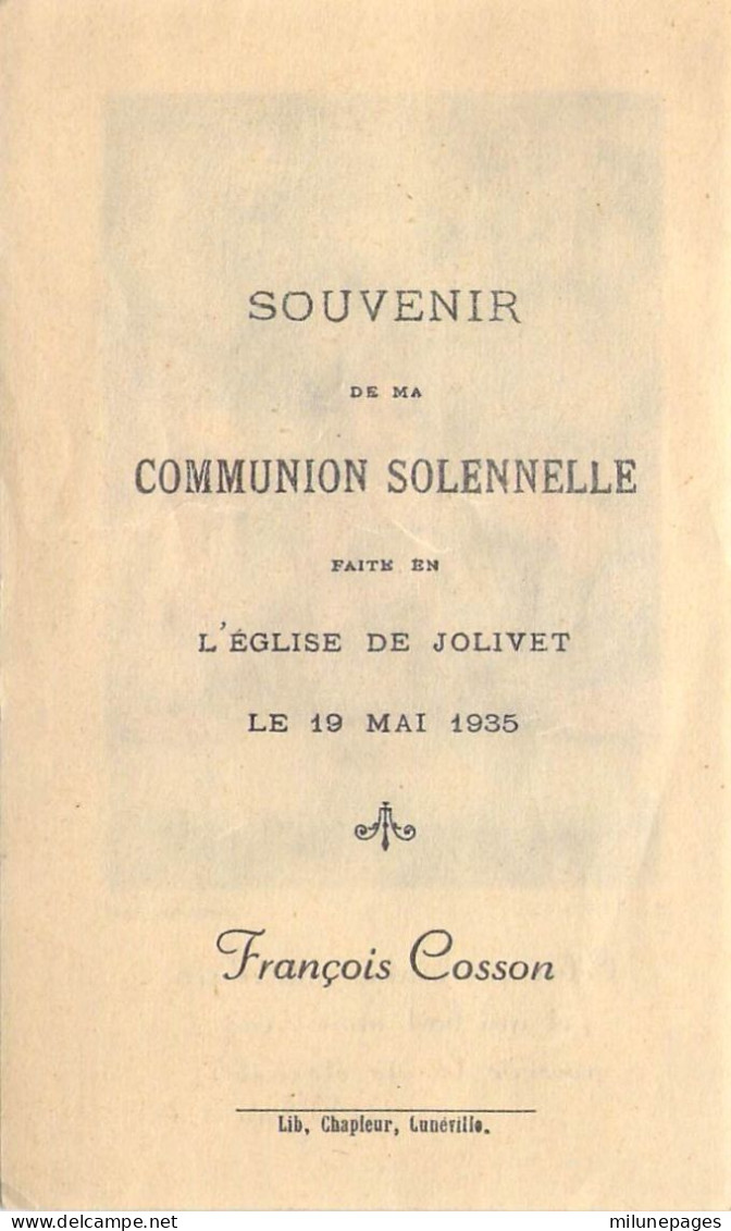 Souvenir De Communion Solennelle François Cosson Eglise De Jolivet 1935 L'Eucharistie Librairie Chapleur Lunéville - Devotion Images