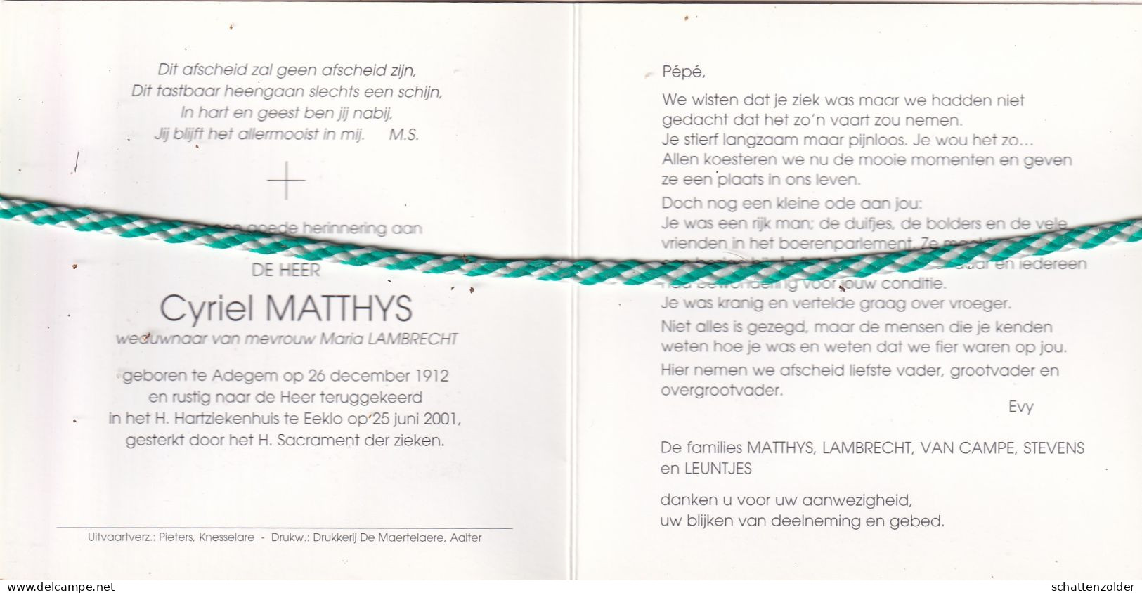Cyriel Matthys-Lambrecht, Adegem 1912, Eeklo 2001. Foto - Obituary Notices