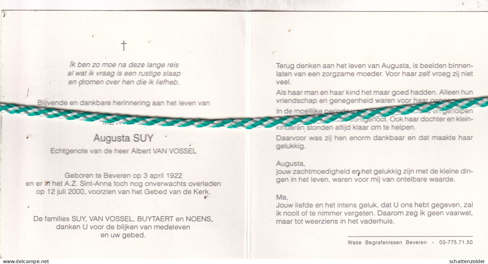 Augusta Suy-Van Vossel, Beveren 1922, 2000. Foto - Overlijden