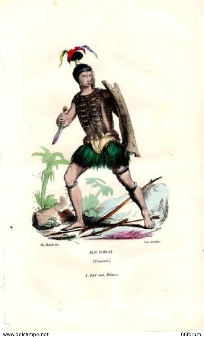 GRAVURE COLORIEE A LA MAIN VERS 1850 VOYAGE DE FREYCINET ILE OMBAI INDONESIE - Other & Unclassified