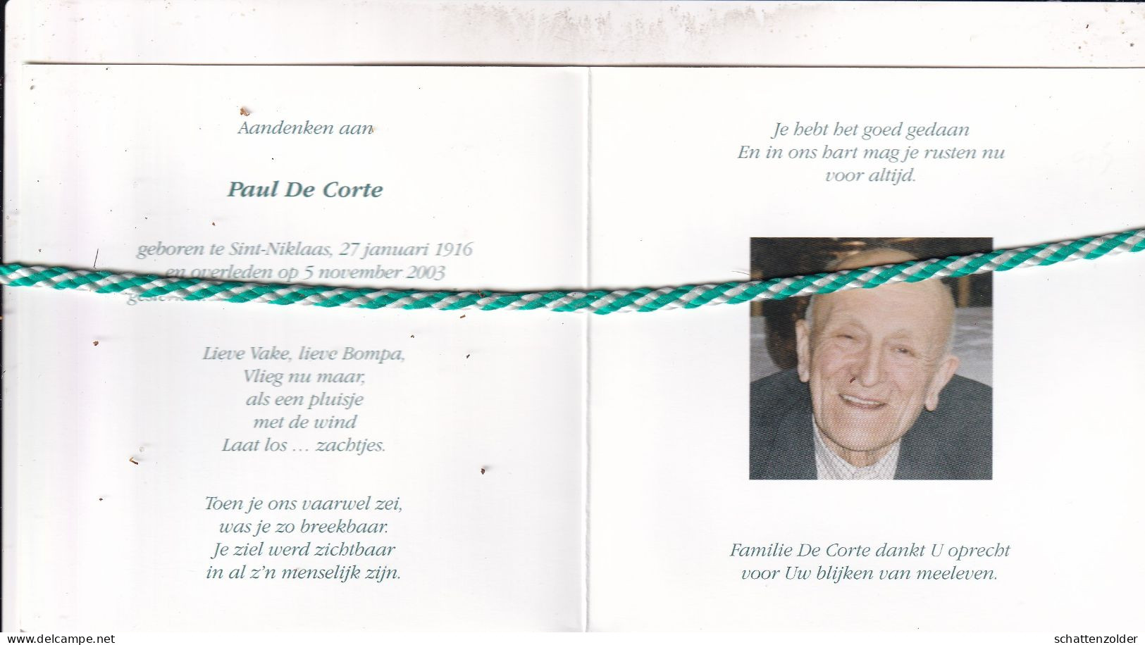 Paul De Corte, Sint-Niklaas 1916, 2003. Foto - Décès
