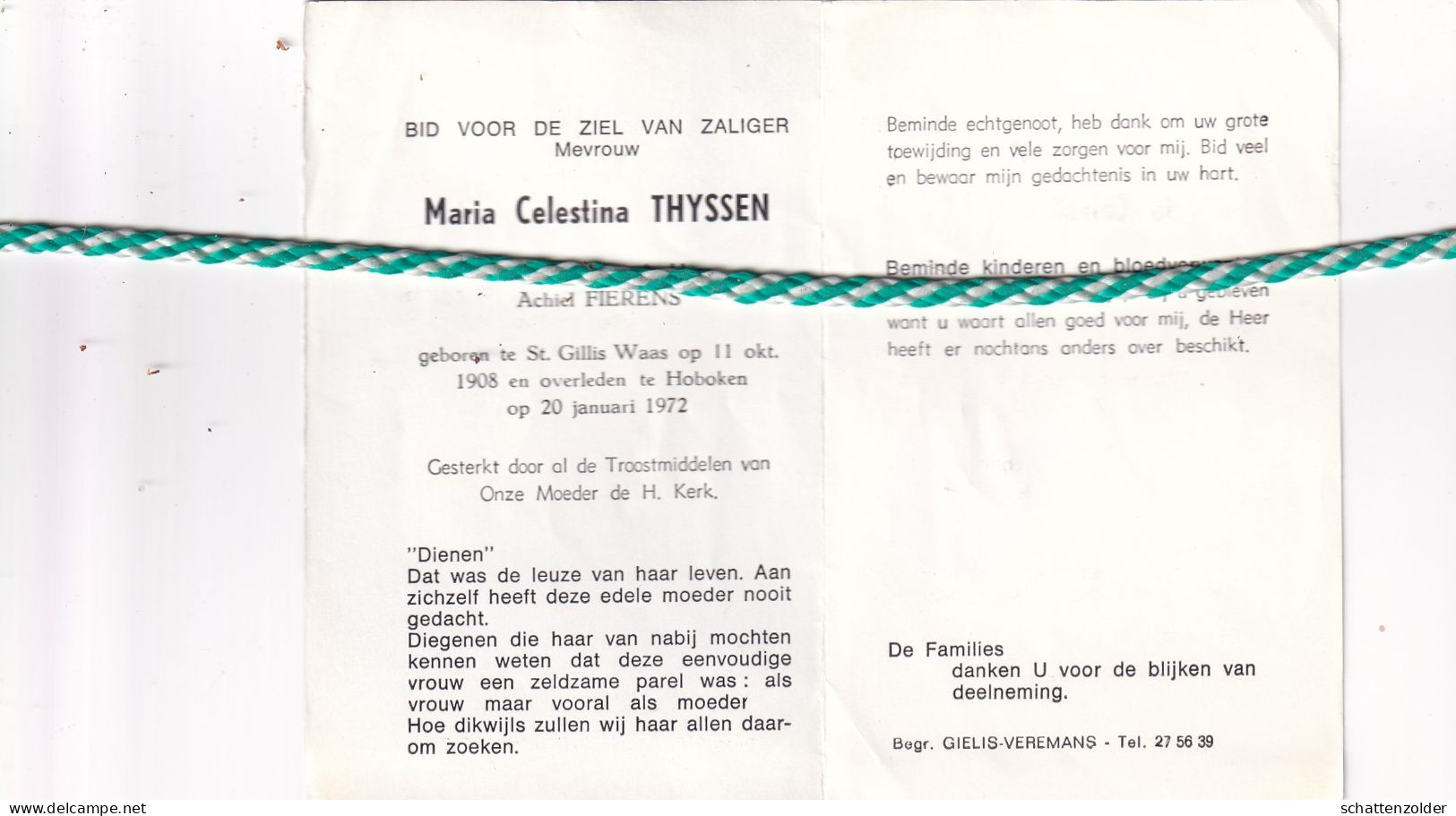 Maria Celestina Thyssen-Fierens, Sint-Gillis-Waas 1908, Hoboken 1972 - Décès