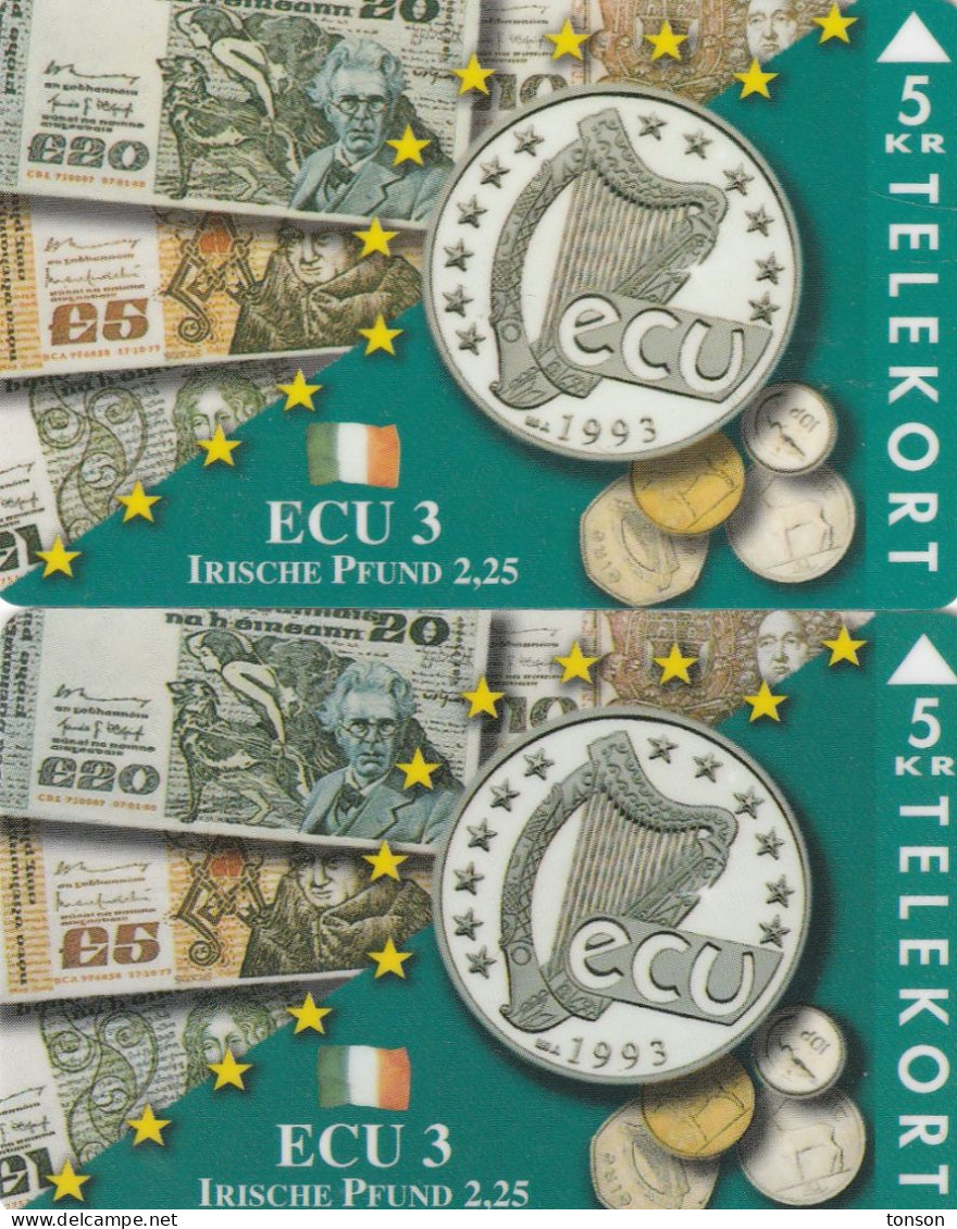 Denmark, TP 087A And B, ECU-Ireland, Mint, Only 1500 And 1200 Issued, Flag, Coins, Notes, 2 Scans. - Danimarca