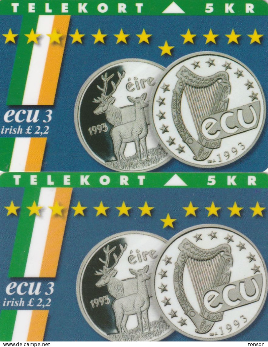 Denmark, TP 061A And B, ECU-Ireland, Mint, Only 3000 And 2200 Issued, Flag, Coins, 2 Scans. - Denemarken