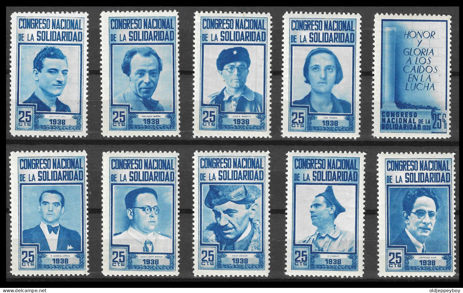 COMPLETE SET Reklamemarke Cinderella Serie De 10 Viñetas Congreso Nacional De La Solidaridad. 1938  BLUE MLH* FULL GUM - Vignettes De La Guerre Civile