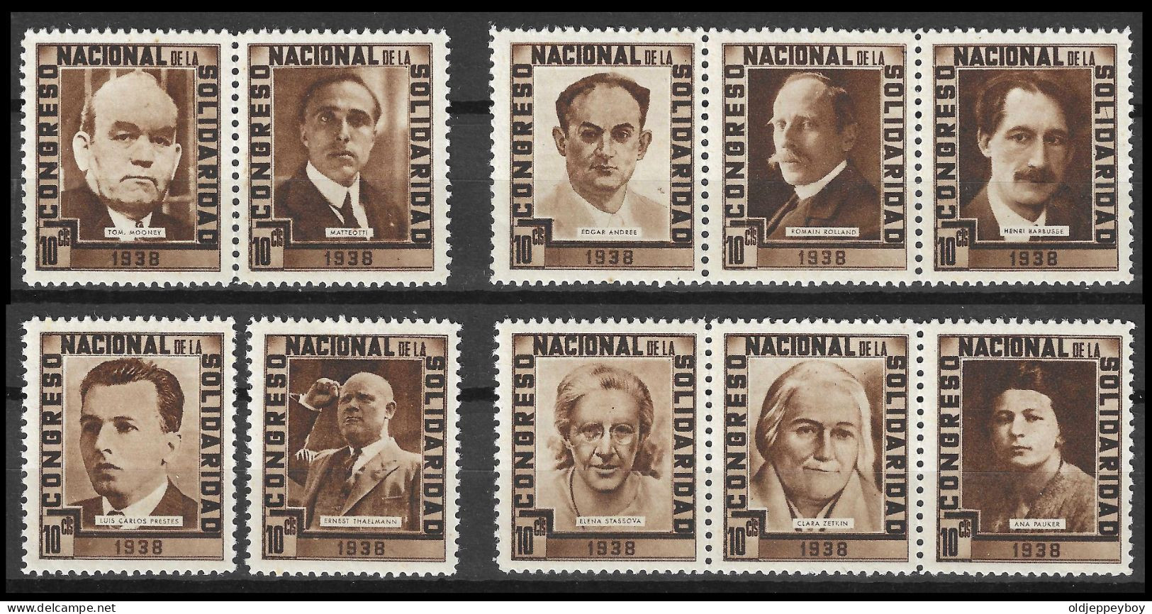 COMPLETE SET Reklamemarke Cinderella Serie De 10 Viñetas Congreso Nacional De La Solidaridad. 1938 MLH* FULL GUM - Spanish Civil War Labels