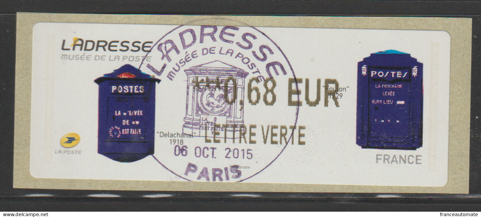 Atm Lisa 2,  Mention  LETTRE VERTE, 0.68€ Oblitéré 1er Jour, Musée De La Poste, Boite à Lettres, 06/10/2015 - 2010-... Illustrated Franking Labels