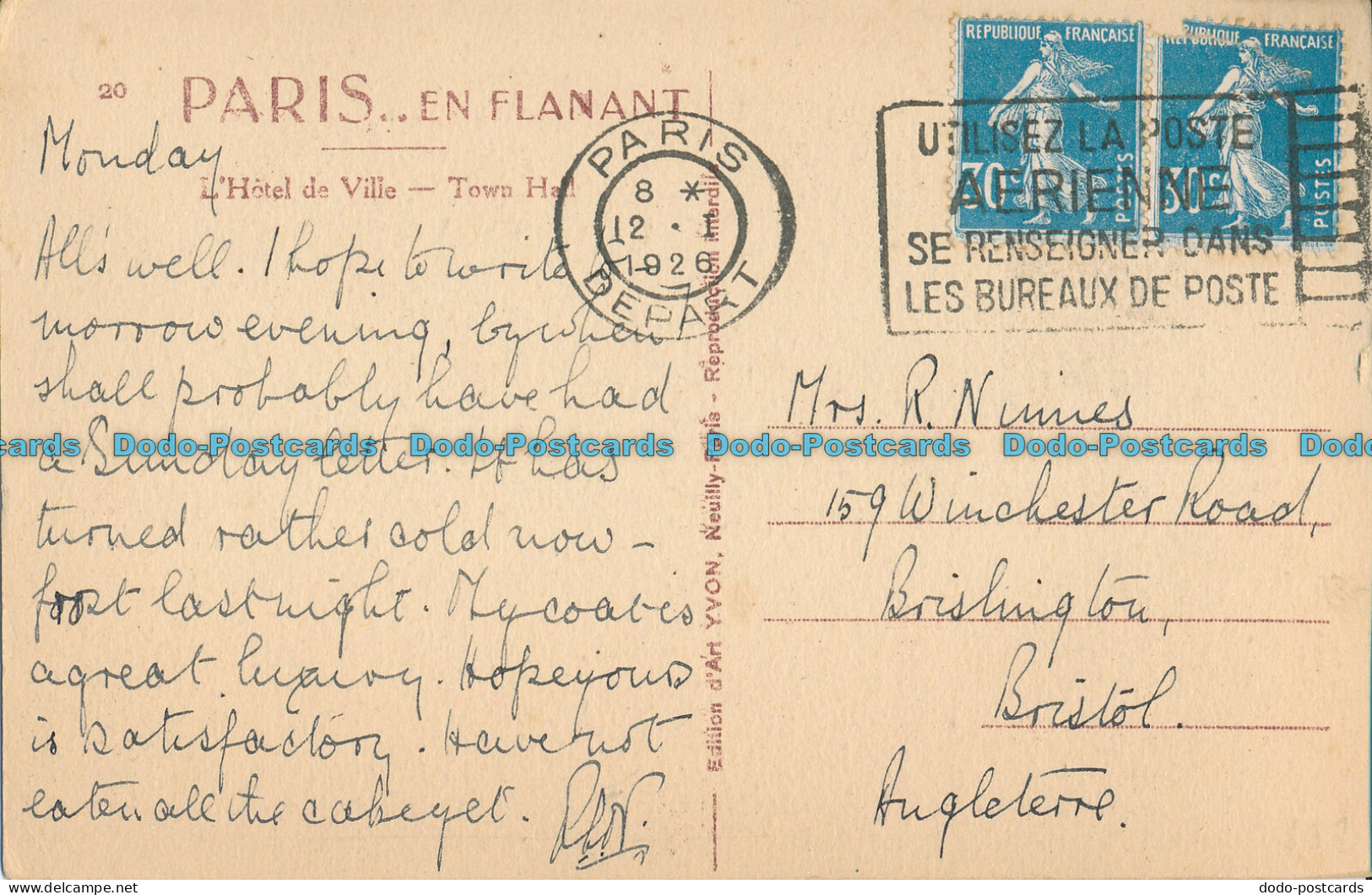 R004865 Paris. L Hotel De Ville. Yvon. 1926 - Welt