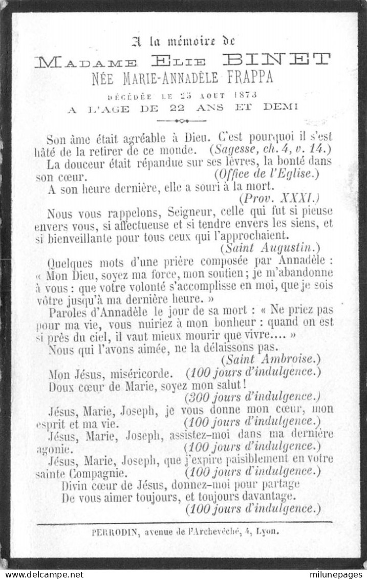 Memorandum à La Mémoire De Marie-Annadèle Binet Née Frappa Décédée En 1873 Prière D'Indulgence - Images Religieuses