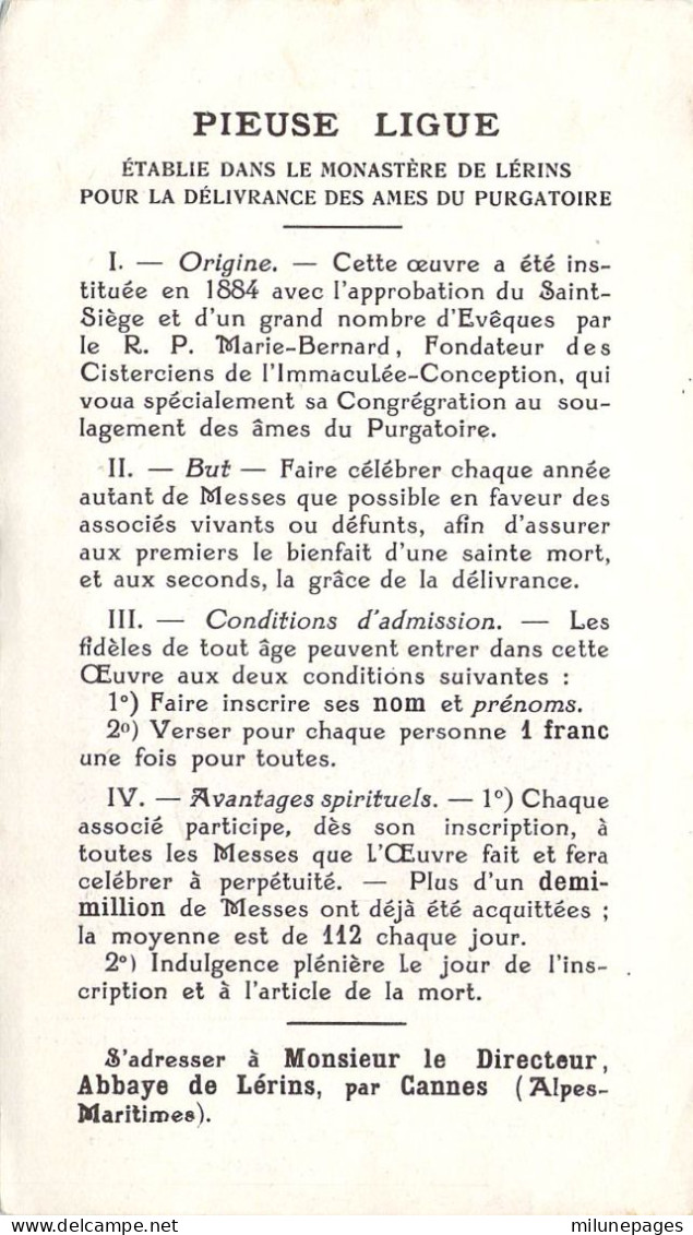 Image Religieuse De La Pieuse Ligue Pour La Délivrance Des Ames Du Purgatoire Abbaye De Lérins 1930 - Devotion Images