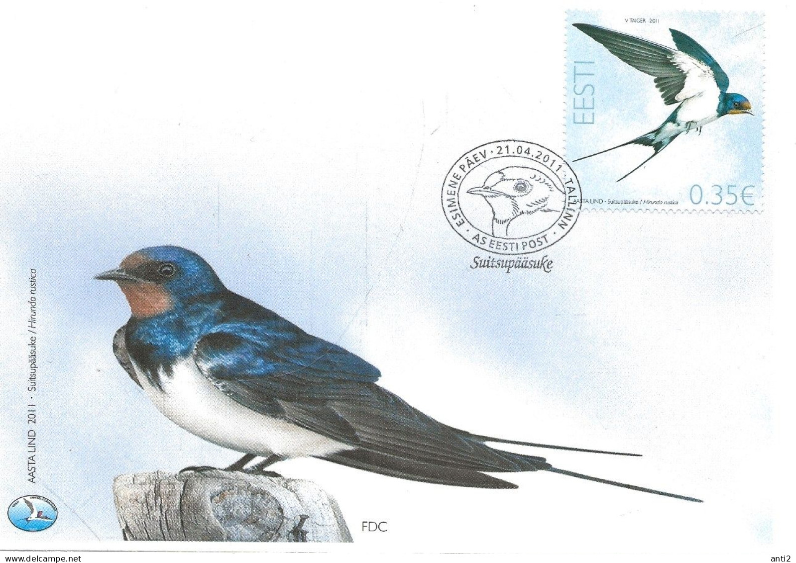 Estonia Eesti Estland 2011  Bird Of The Year. Barn Swallow (Hirundo Rustica)  Mi 693 FDC - Estonie