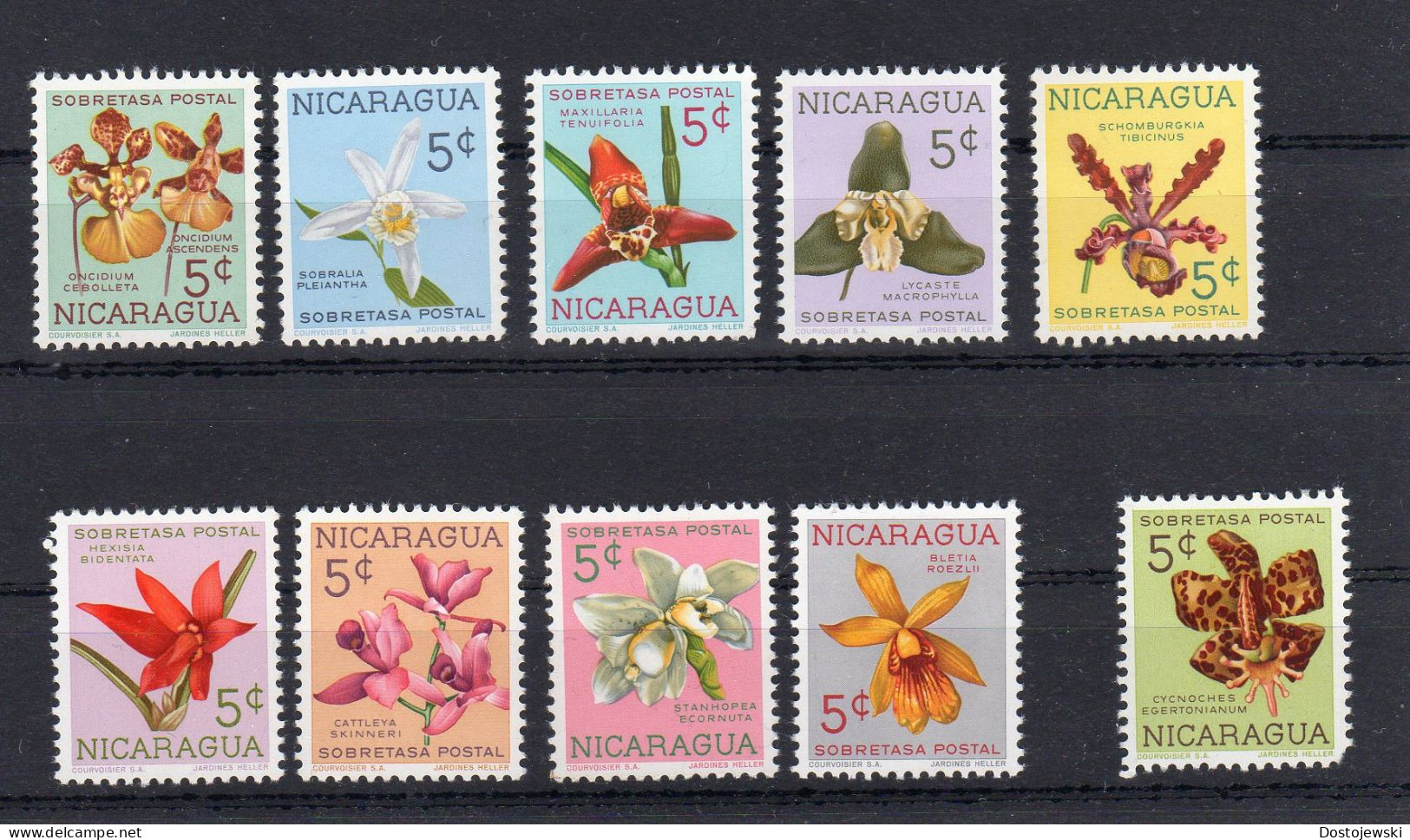 Nicaragua, Orchids, Set Of 10 Stamps Mnh, Sobretasa (compulsory Surcharge Stamps) - Nicaragua