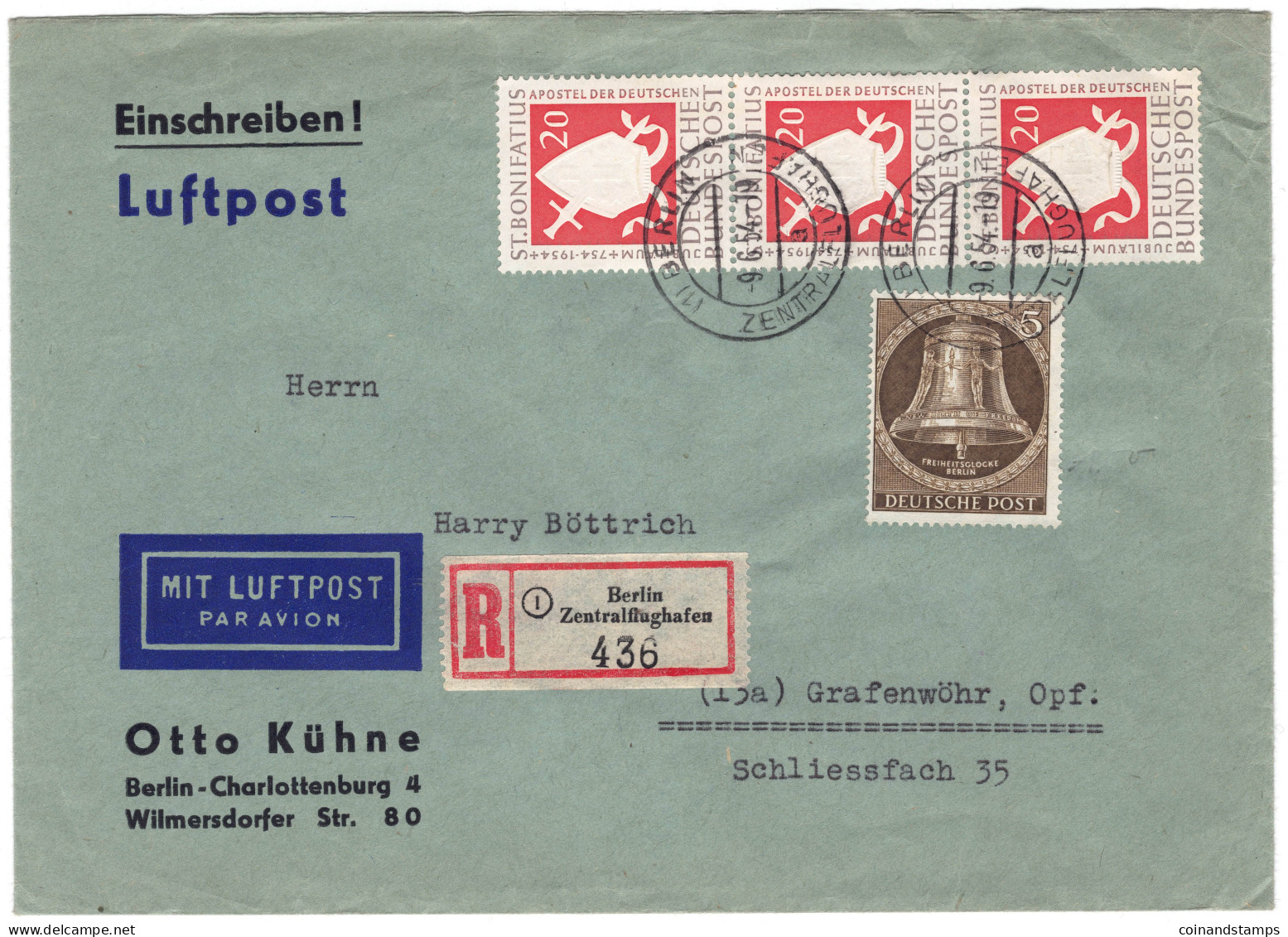 Berlin R-Brief Mi.-Nr.101+BRD 3er Streifen Mi.-Nr.199 Als MiF. 9.6.1954 Otto Kühne Nach Gravenwöhr/Opf., Feinst - Storia Postale