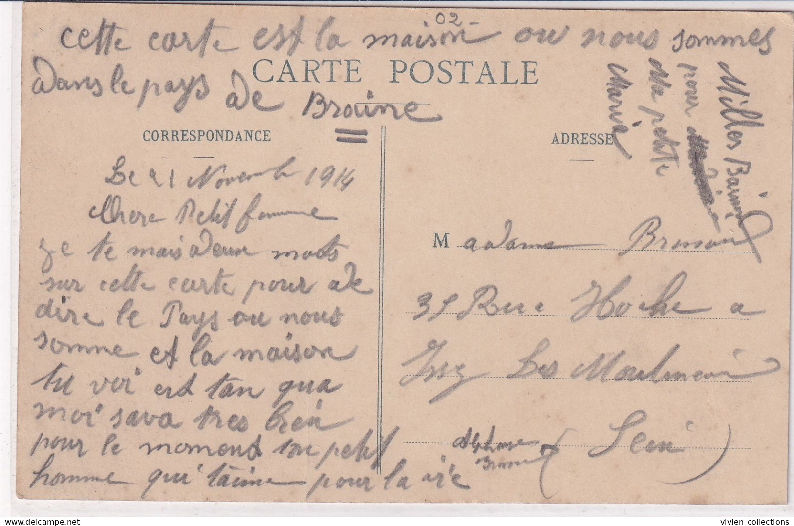 Braine (02 Aisne) Chantereine - édit. Vilain Circulée FM 1914 "la Maison Ou Nous Sommes Cantonnés" Villa Château - Autres & Non Classés