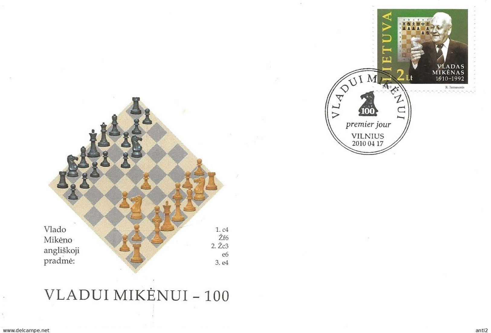 Lithuania Lietuva Litauen 2010 100th Birthday Of Vladas Mikėnas, Chess Grandmaster Mi 1037  FDC - Lituanie