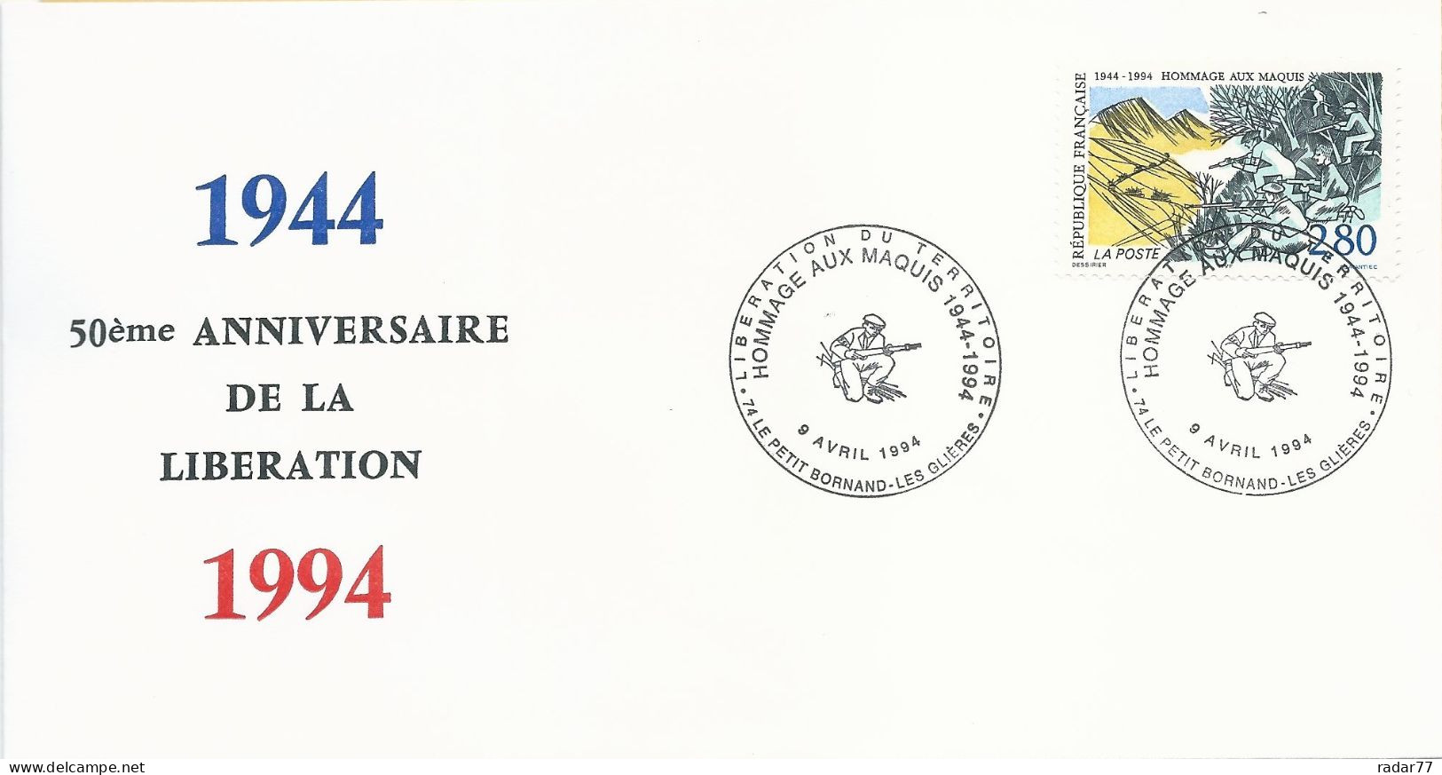 Lettre Avec Cachet Commémoratif Libération Du Territoire - Le Petit-Bornand - Les Glières - 09/04/1994 - Cachets Commémoratifs