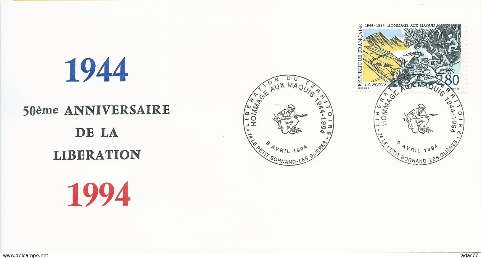 Lettre Avec Cachet Commémoratif Libération Du Territoire - Le Petit-Bornand - Les Glières - 09/04/1994 - Commemorative Postmarks