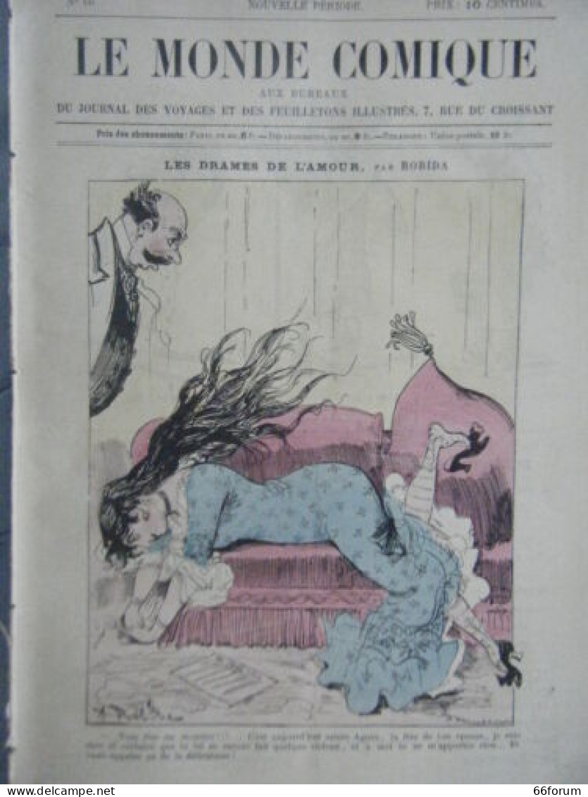 LE MONDE COMIQUE N° 66 VERS 1880 GRAVURE EN COULEUR DE ROBIDA DRAMES DE L AMOUR - Autres & Non Classés