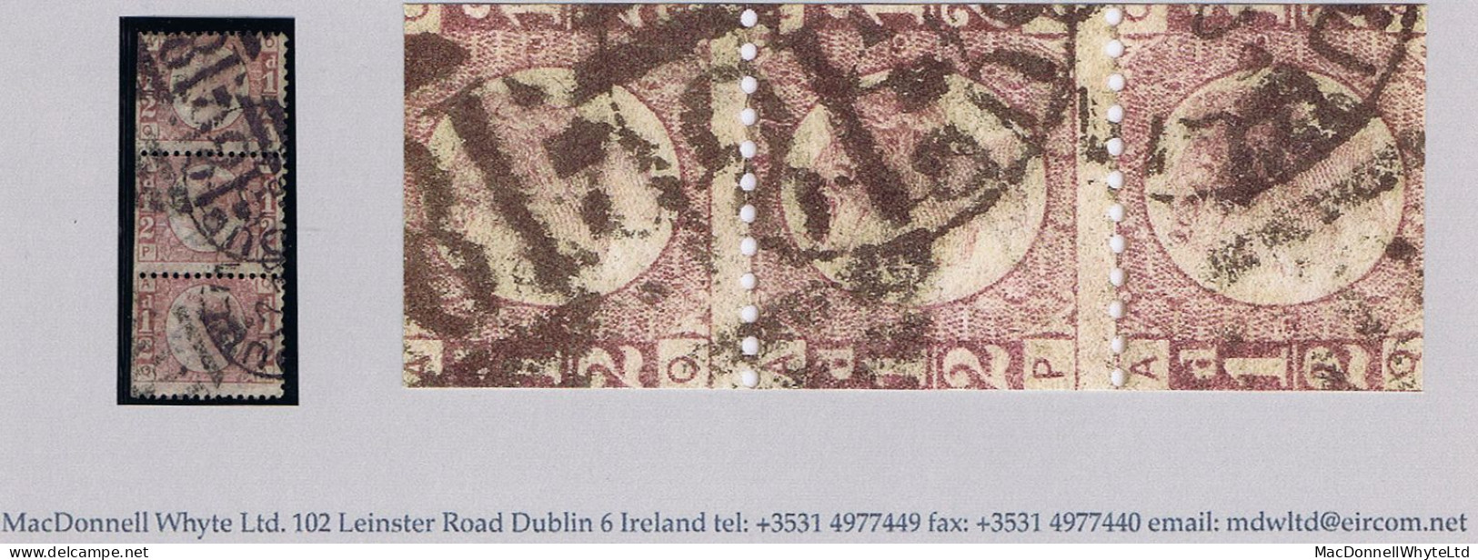 Ireland Dublin 1870 Halfpenny Bantam, The Rare Plate 9, Vertical Strip Of 3 OA/QA Cancelled By 186 Of Dublin - Other & Unclassified