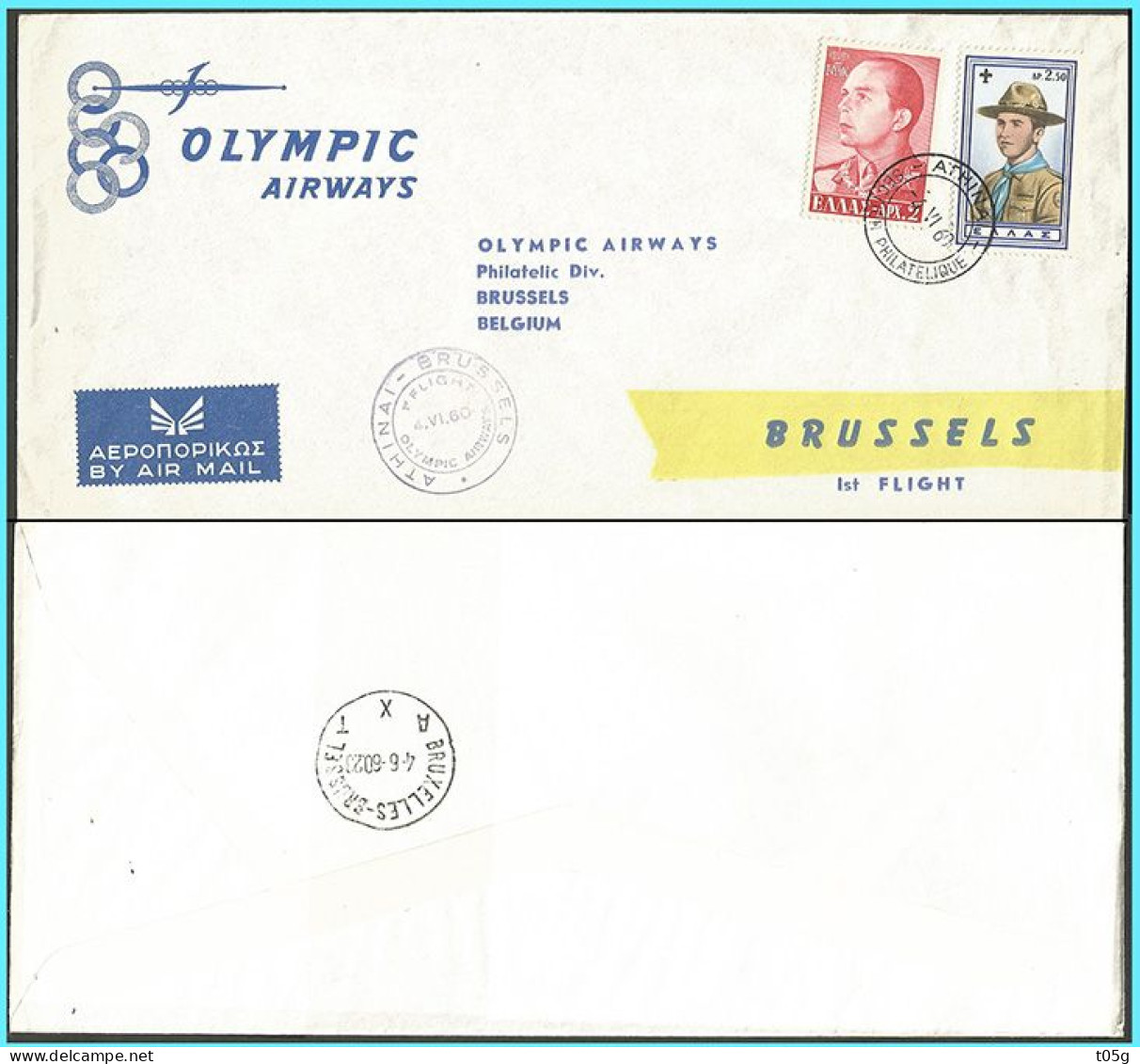 First Flight GREECE- HELLAS: OLYMPIC AIRWAYS From Canc.(ATHINAI 4-VI-1960 BRUSSELS) For Canc.(BRUXELLES 4-6-60 BRUSSELS) - Cartas & Documentos