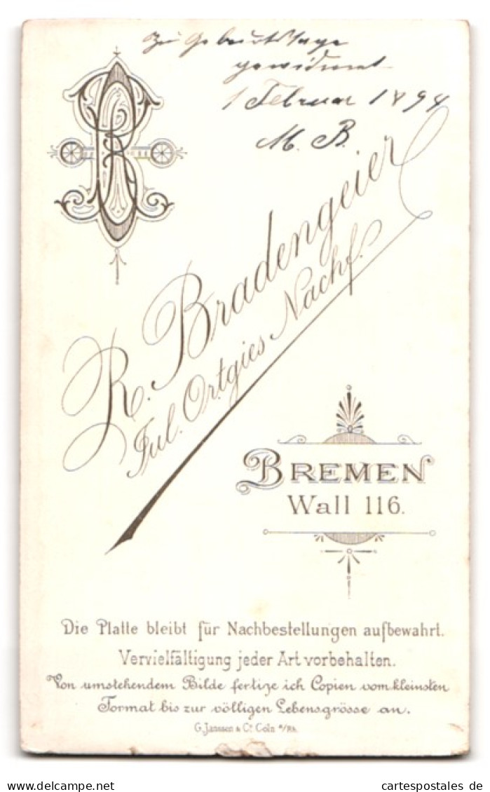 Fotografie R. Bradengeier, Bremen, Wall 116, Junges Fräulein Im Puffärmelkleid  - Personnes Anonymes