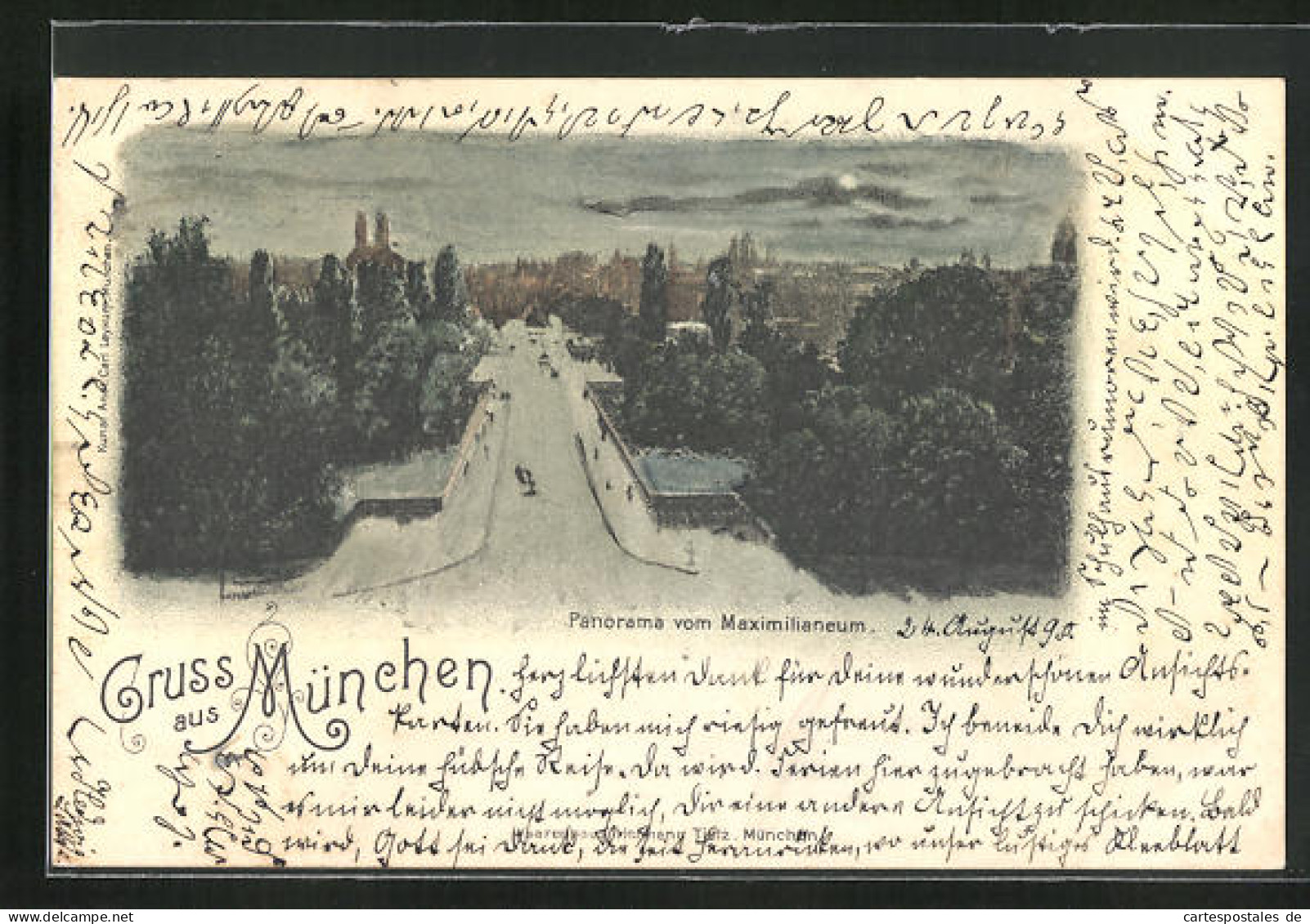 Künstler-AK München, Panorama Vom Maximilianeum Bei Mondschein, Private Stadtpost  - Timbres (représentations)