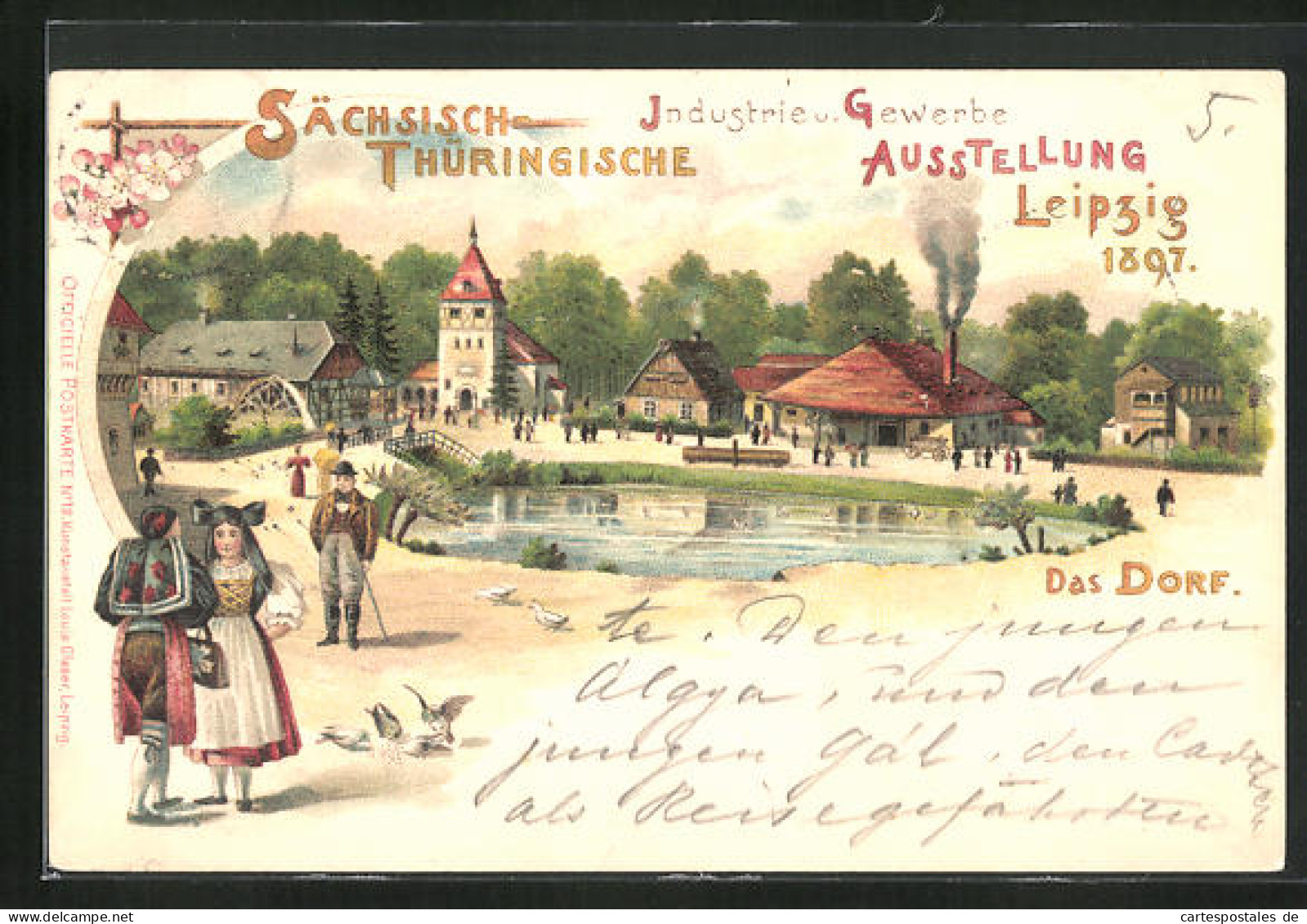 Lithographie Leipzig, Sächsisch-Thüringische Industrie-u. Gewerbe-Ausstellung 1897, Das Dorf Mit Besuchern  - Expositions