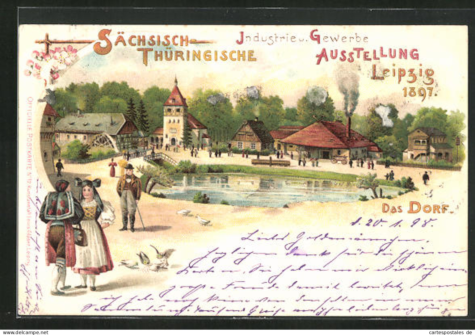 Lithographie Leipzig, Sächsisch-Thüringische Industrie-u. Gewerbe-Ausstellung 1897, Dorf Mit Besuchern  - Expositions