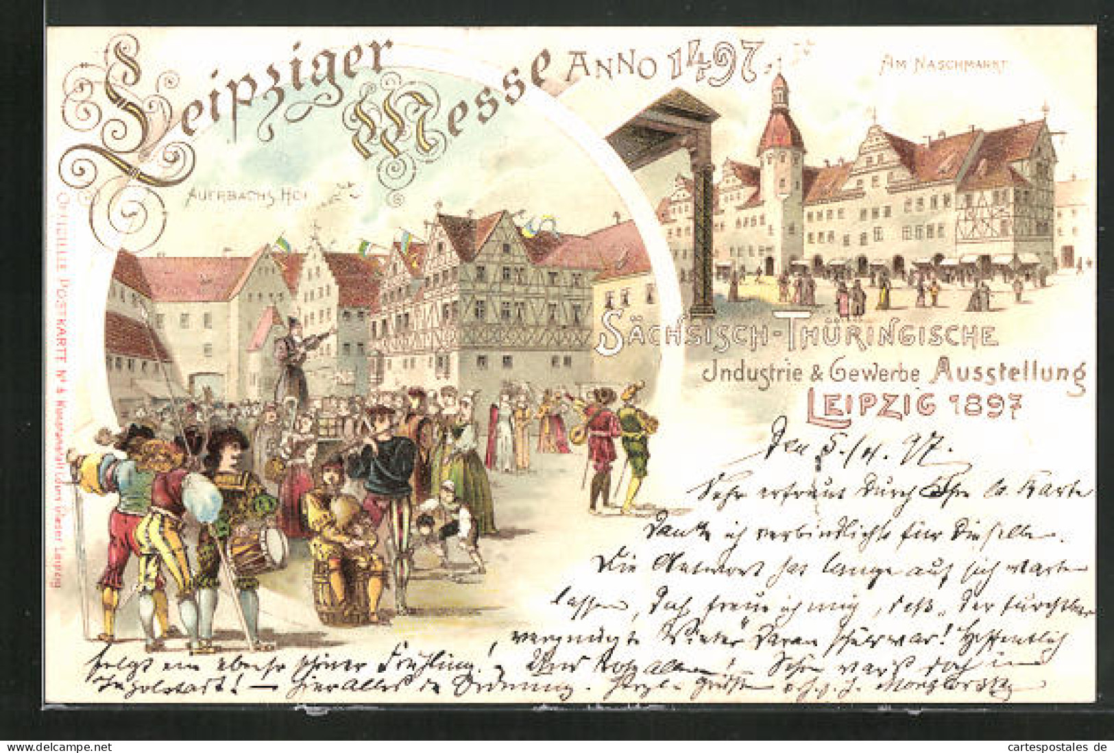 Lithographie Leipzig, Sächsisch-Thüringische Industrie-u. Gewerbe-Ausstellung 1897, Am Naschmarkt, Auerbachs Hof  - Expositions