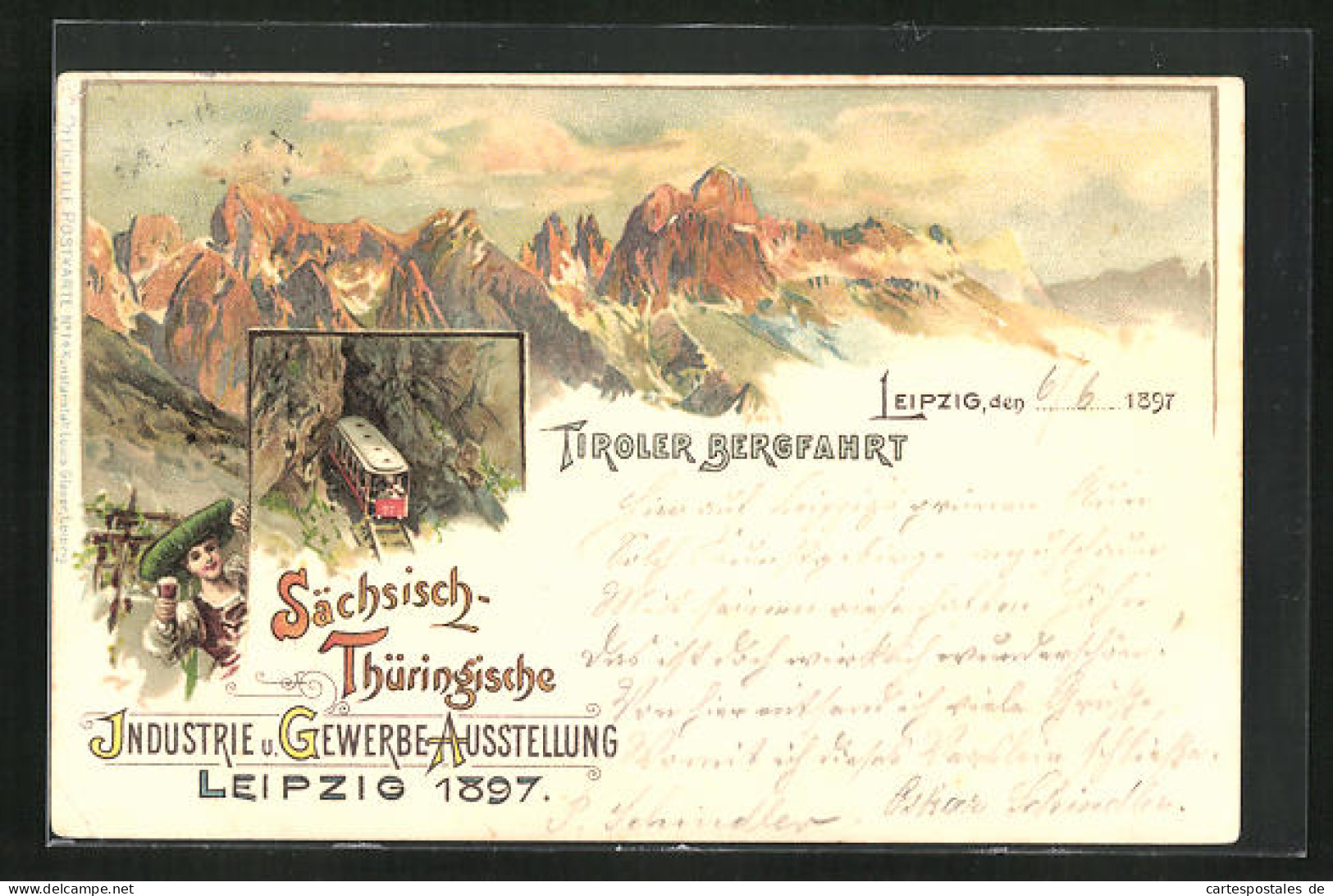 Lithographie Leipzig, Sächsisch-Thüringische Industrie-u. Gewerbe-Ausstellung 1897, Tiroler Bergfahrt  - Expositions