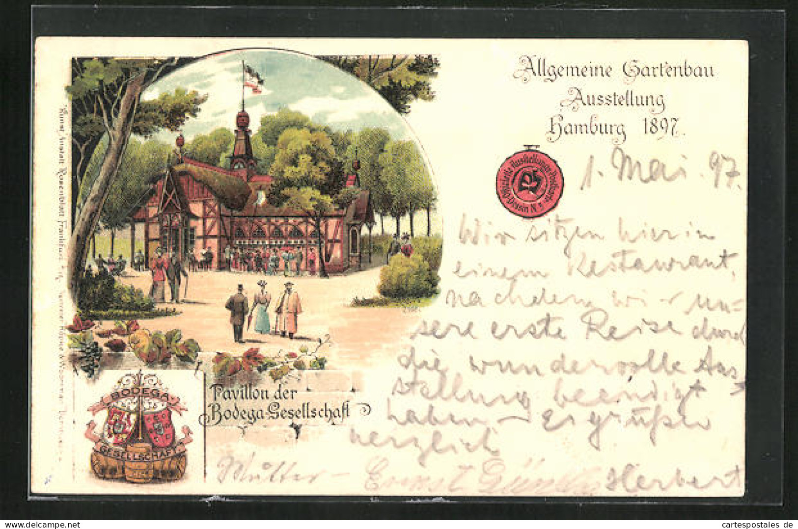 Lithographie Hamburg, Allgemeine Gartenbau-Ausstellung 1897, Pavillon Der Bodega-Gesellschaft, Wappen  - Expositions