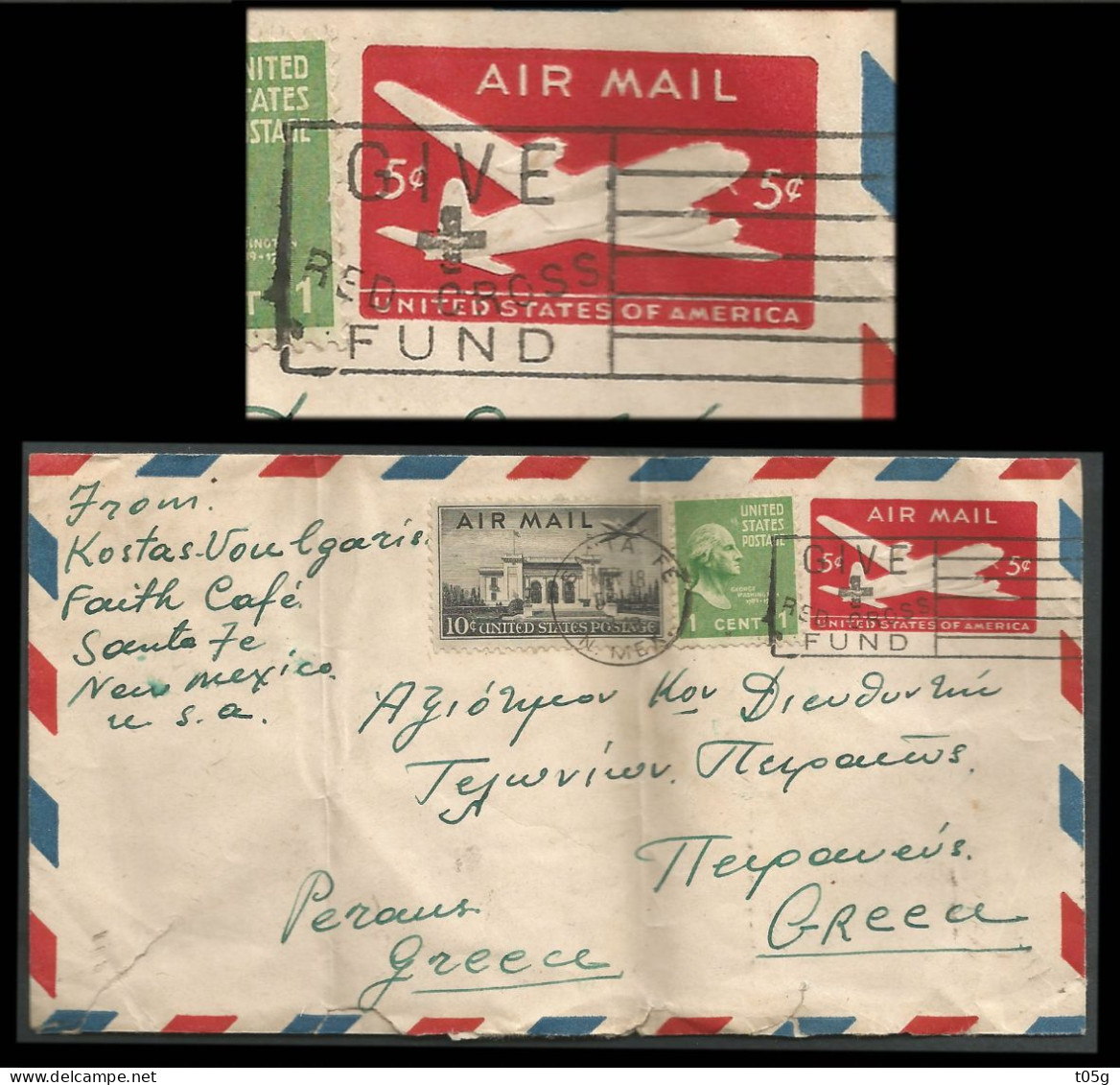 Aerogramme United States With Commemor Canc."GIVE RED CROSS FUND" From ( SANTA FE. MAY 18. 59 N. MEX) To Piraeus -Greece - 2c. 1941-1960 Brieven