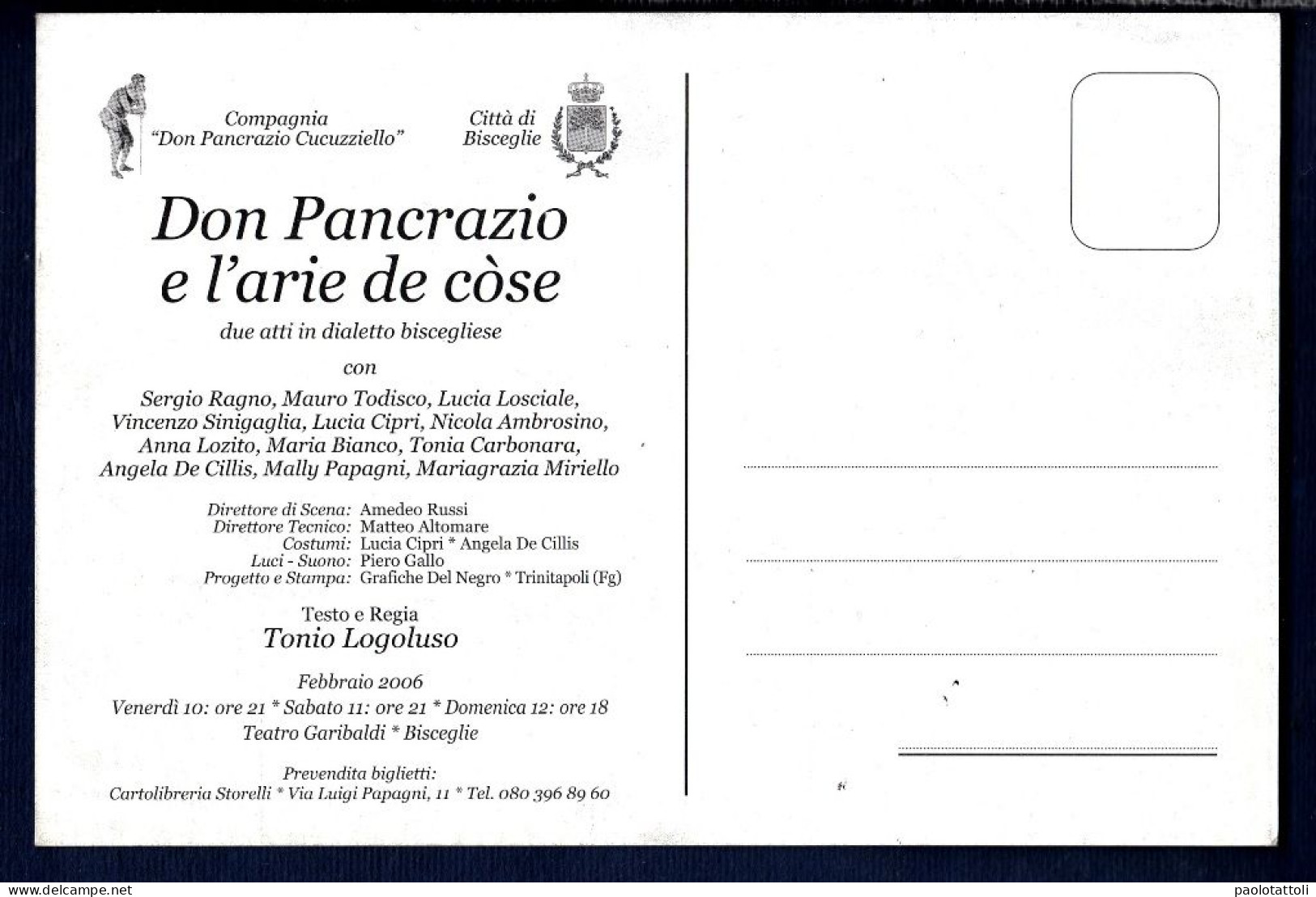 Advetising Post Card-Bisceglie- Rappresentazione Teatrale Don Pancrazio E L'arie De Còse, Due Atti In Dialetto Bisceglie - Bisceglie