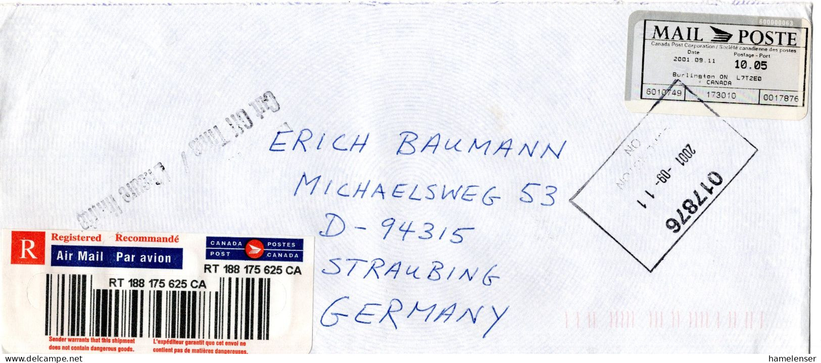 L78919 - Canada - 2001 - $10.05 SFS A R-LpBf BURLINGTON ON -> Deutschland, M Kanad Stpl "Cut Off Time" - Lettres & Documents