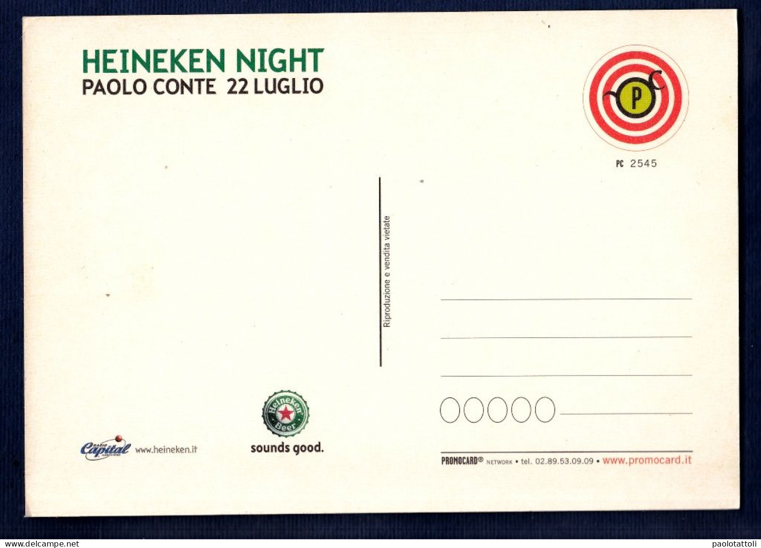 Advertising Postcard,Umbria Jazz 2001, Perugia 13-22 Luglio.HEINEKEN Night, Paolo Conte. - Musique Et Musiciens