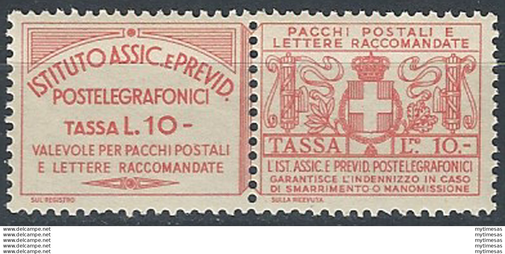 1936 Italia Assicurativi Lire 10 Vermiglio MNH Sassone N.16 - Autres & Non Classés