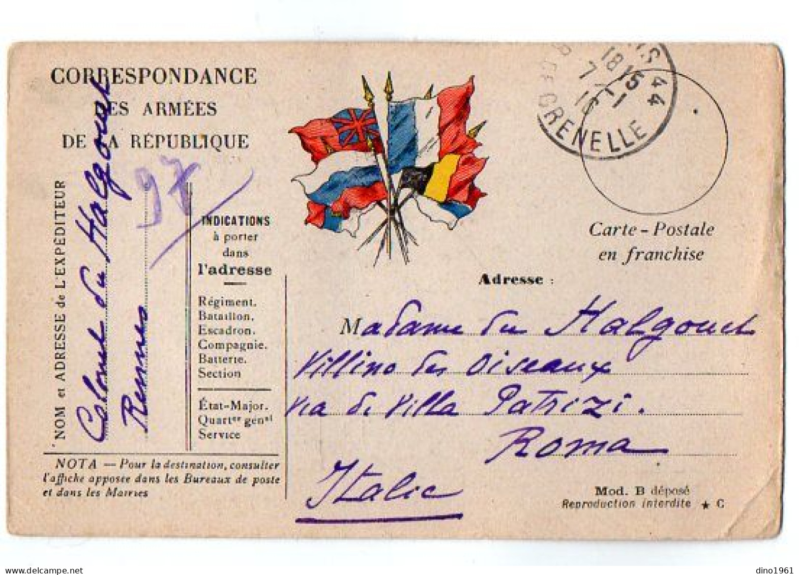 TB 4813 - MILITARIA - Carte En Franchise Militaire - Colonel Du HALGOUET à PARIS & RENNES Pour Mme Du HALGOUET à ROME - Covers & Documents