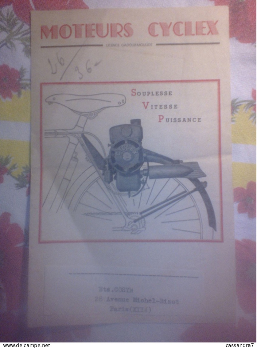 Moteur Cyclex Licence Gadoux-Mouliot Etablissements Cosyn Paris - Pour Cycle 2 Temps 48cc 1cv Mise En Route Par Pédalage - Advertising