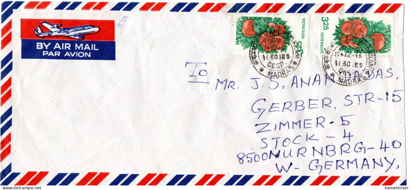 L78924 - Indien - 1986 - 2@3,25Rp Tomaten A LpBf MADRAS -> Westdeutschland - Briefe U. Dokumente