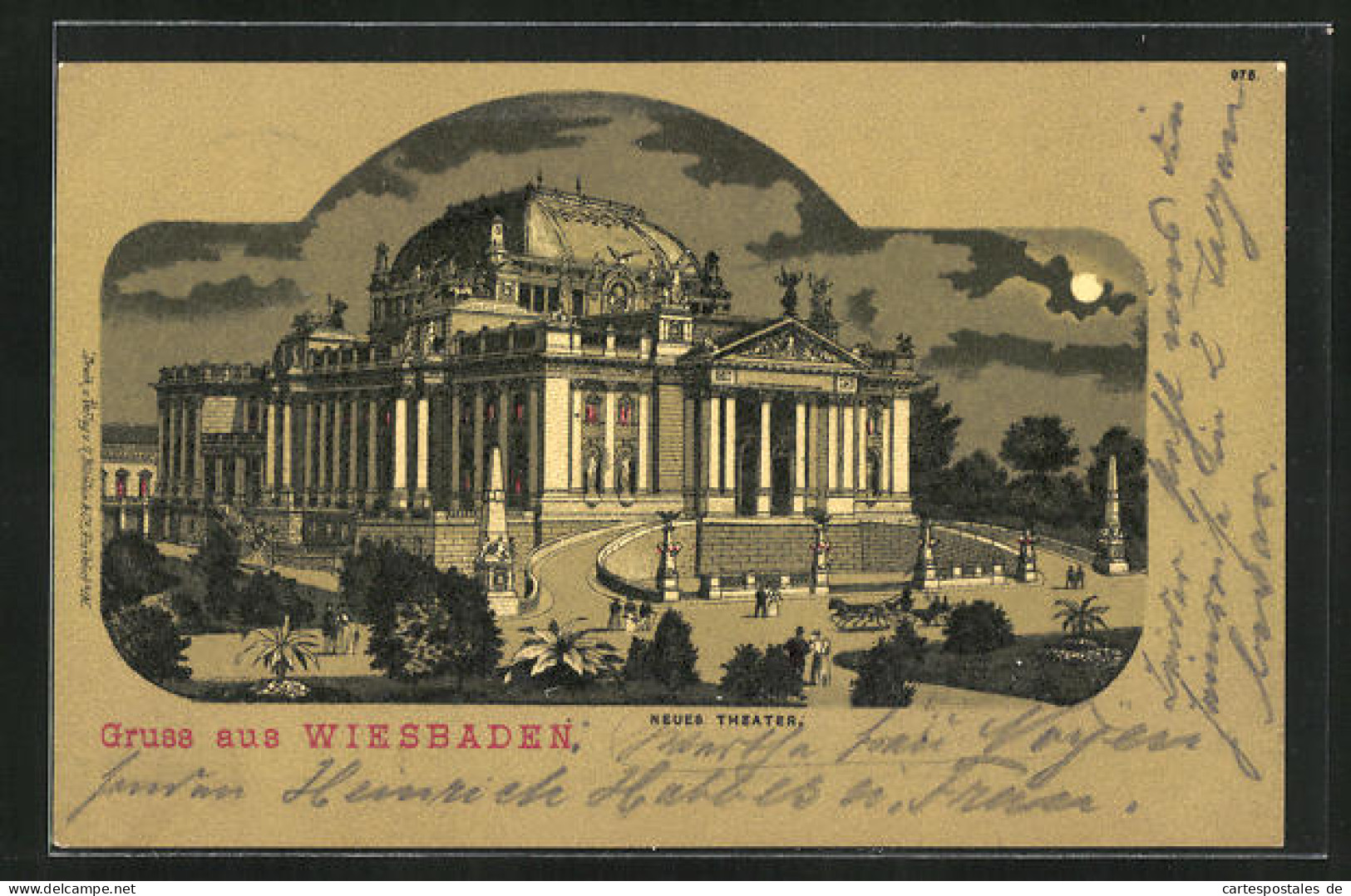 Mondschein-Lithographie Wiesbaden, Neues Theater, Gäste Im Mondlicht  - Théâtre