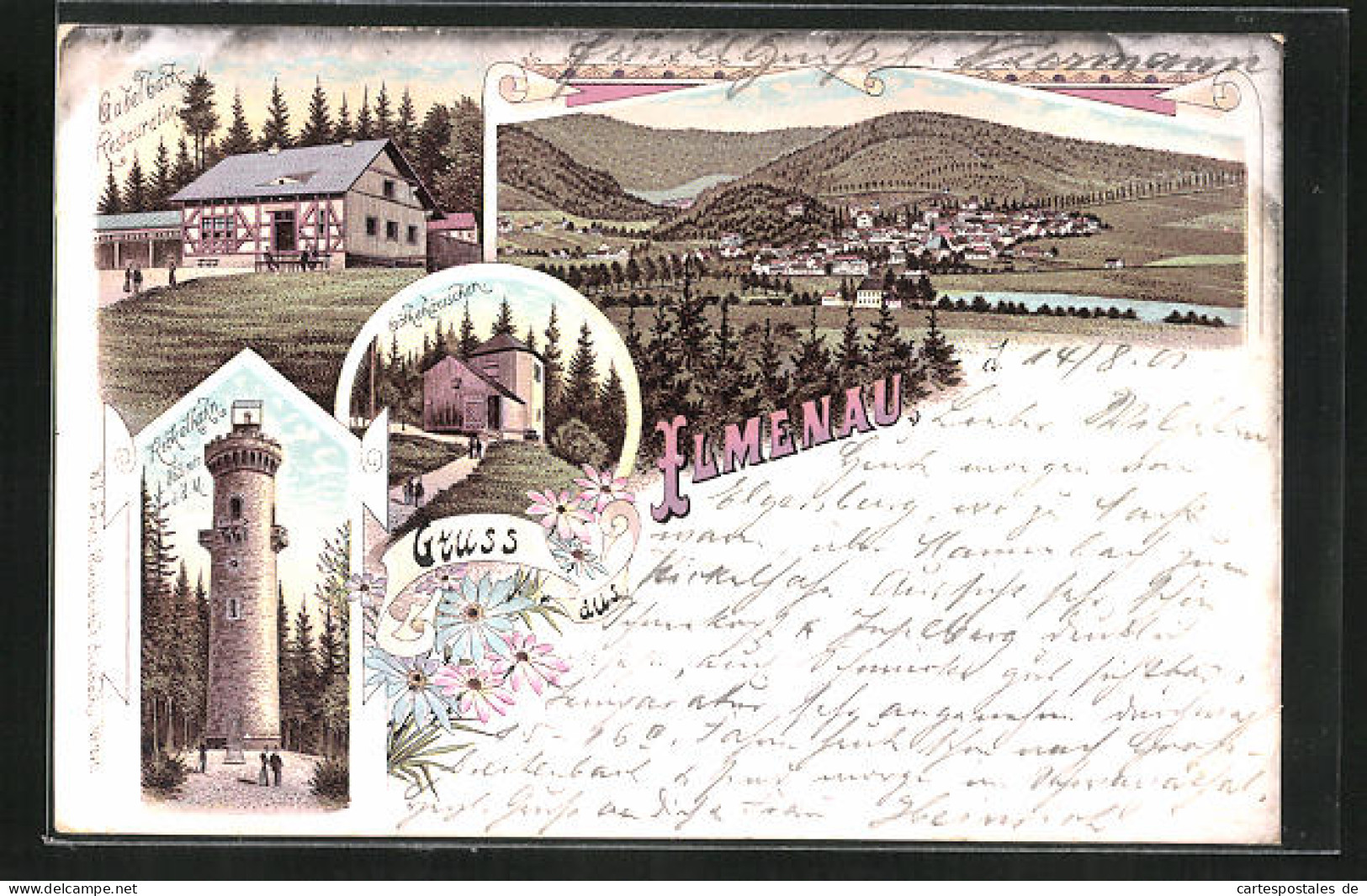 Lithographie Ilmenau, Restaurant Gabelbach, Göthehäuschen, Rickelhahn  - Ilmenau