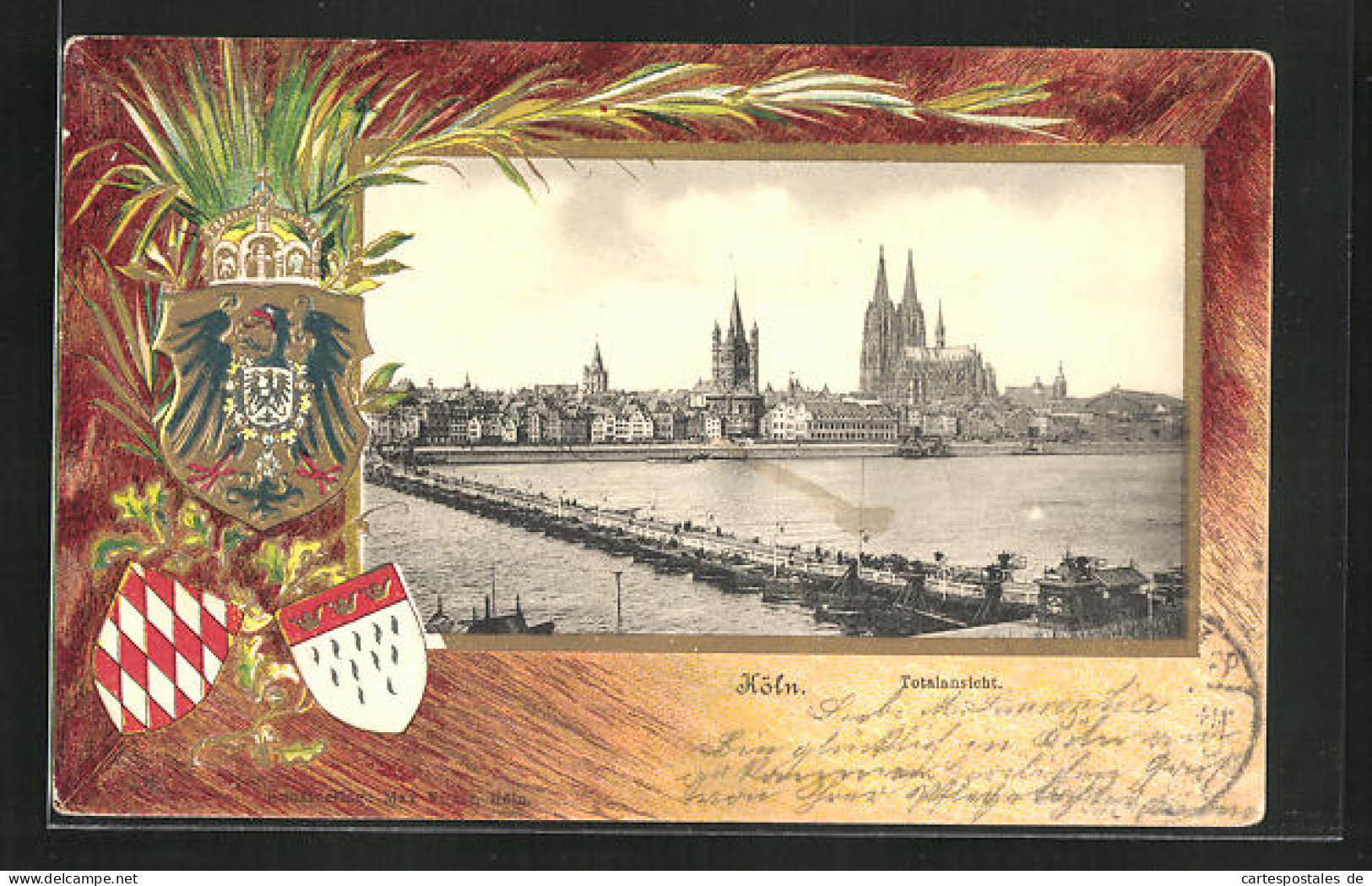 Passepartout-Lithographie Köln, Totalansicht, Pontonbrücke, Wappen  - Other & Unclassified