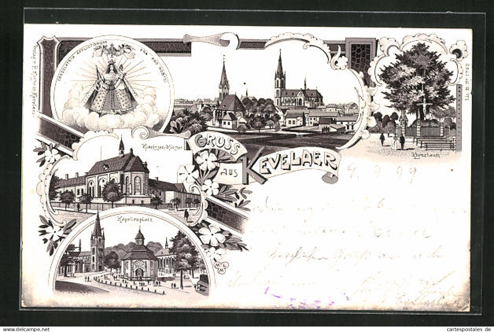 Lithographie Kevelaer, Kreuzbaum, Kapellenplatz, Klarissen-Kloster  - Kevelaer