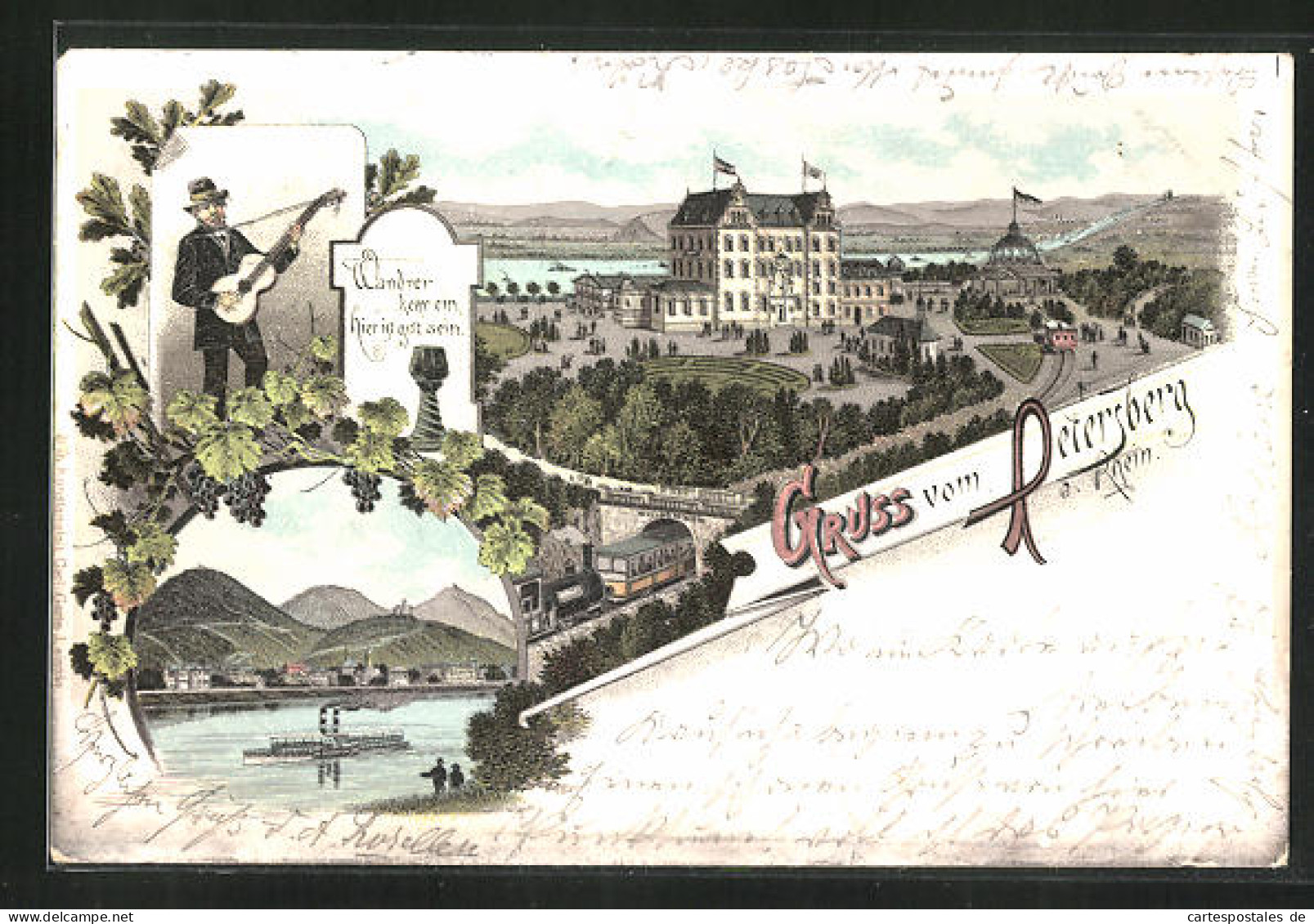 Lithographie Königswinter, Hotel Petersberg, Rheinpartie  - Petersberg