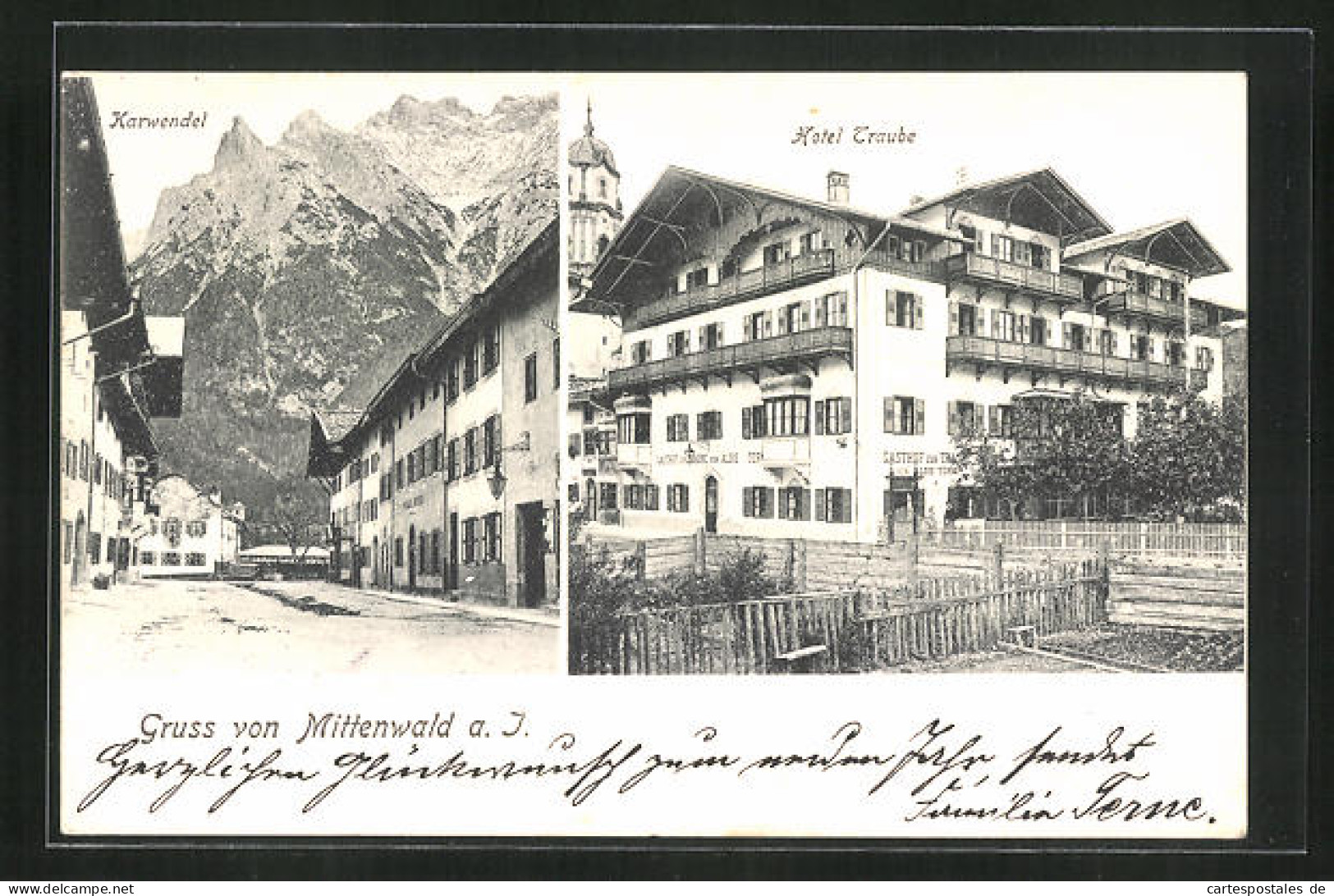 AK Mittenwald A.I., Hotel Traube, Ortspartie Mit Blick Zum Karwendel  - Mittenwald