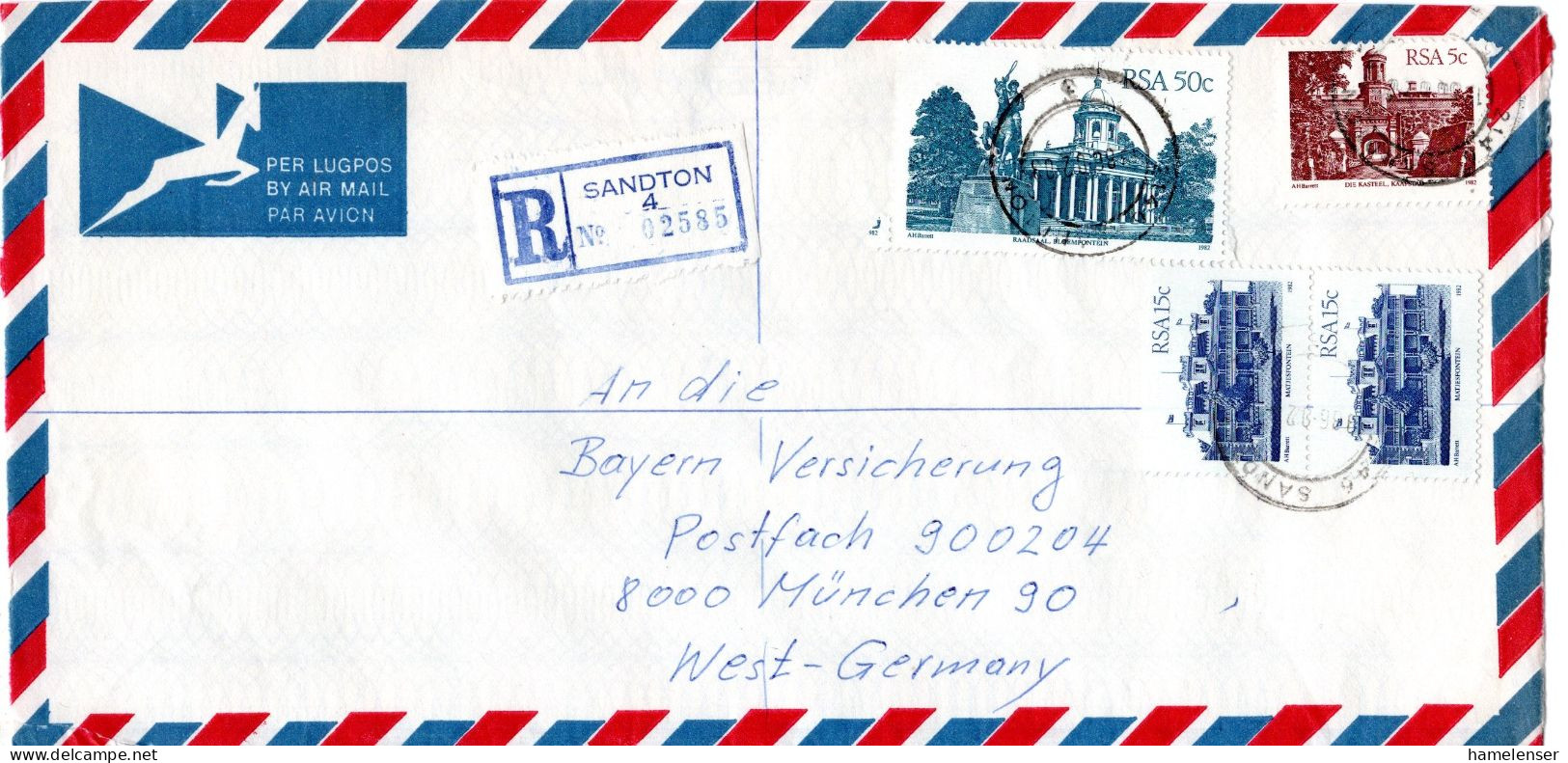 L78926 - Südafrika - 1986 - 50c Gebaeude MiF A R-LpBf (dreiseit Geoeffn) SANDTON -> Westdeutschland - Lettres & Documents