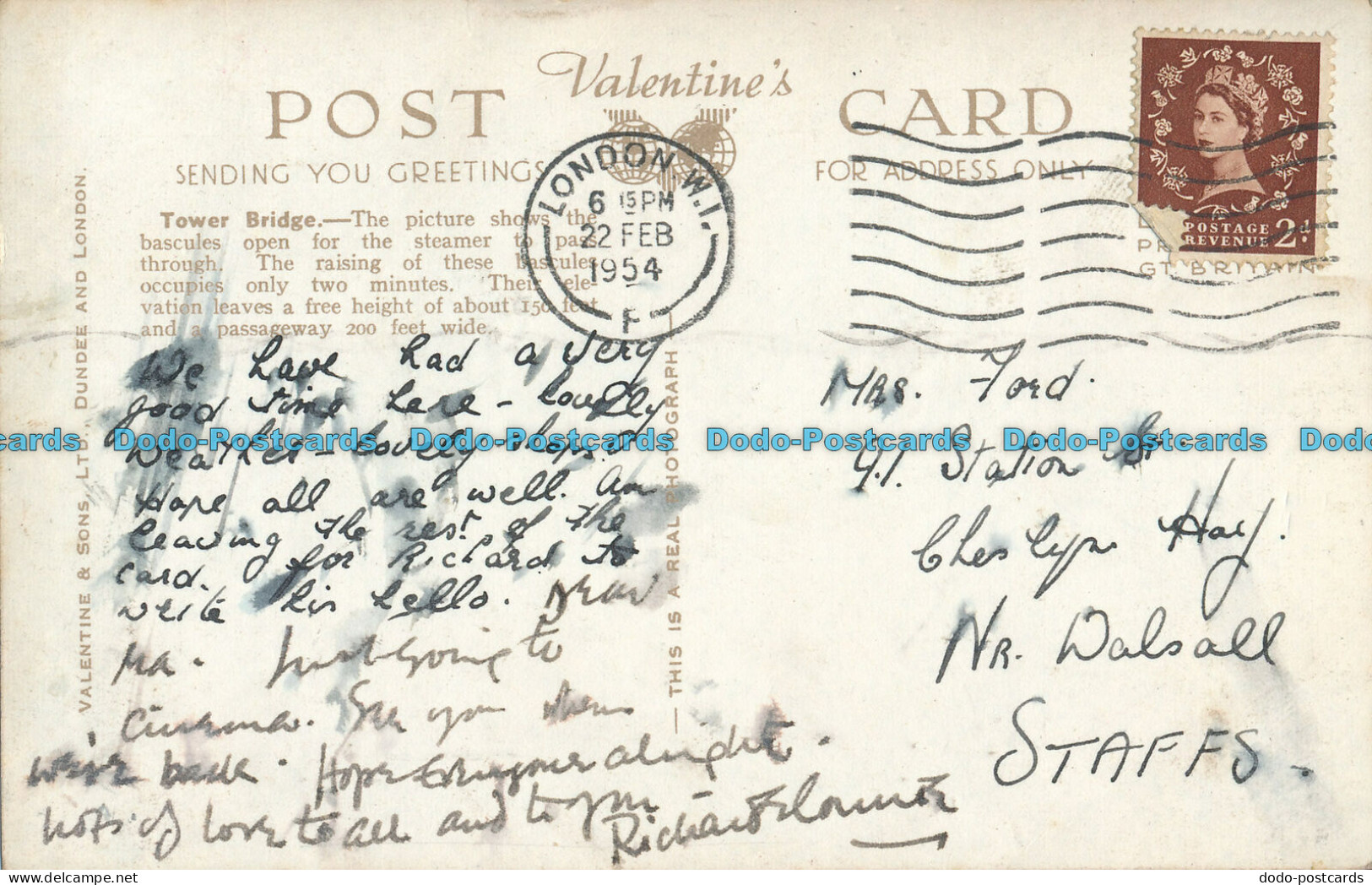 R006064 Tower Bridge. London. Valentine. No 43871. RP. 1954 - Autres & Non Classés
