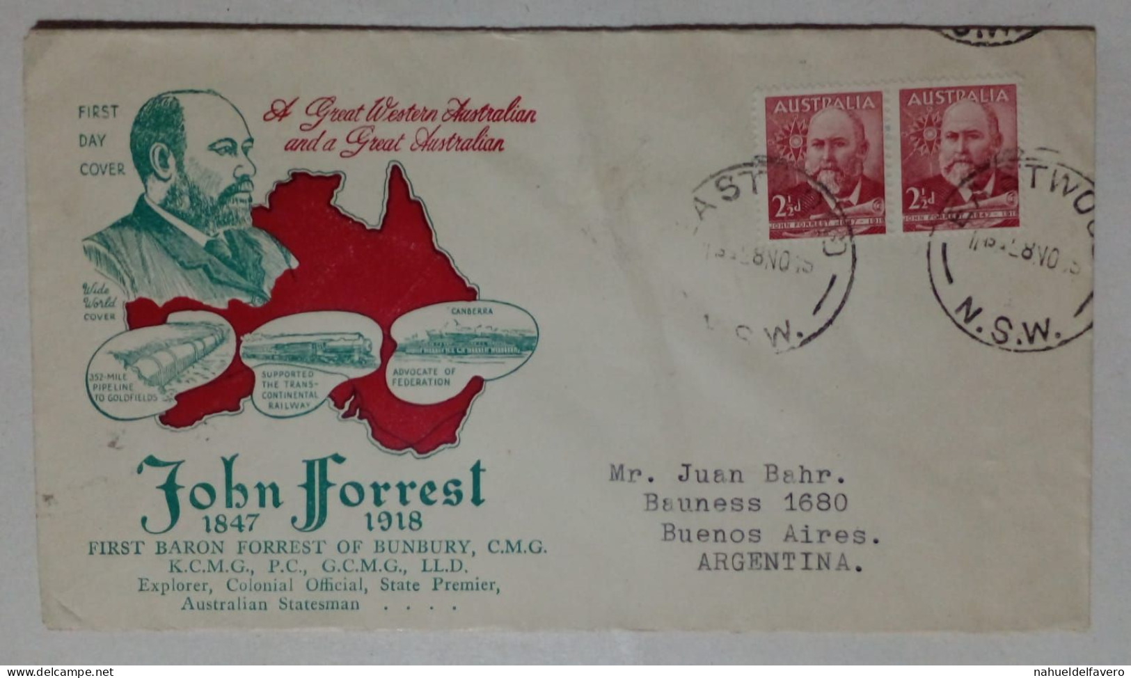 Australie - Enveloppe Premier Jour D'émission Sur Le Thème De John Forrest (1928) - Sobre Primer Día (FDC)