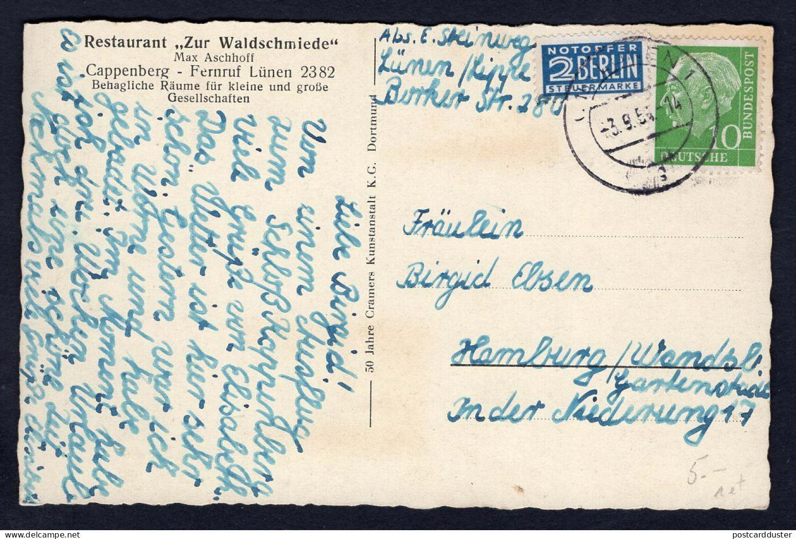 Germany CAPPENBERG 1954 Restaurant & Schloss. Notopfer Stamp. Old Postcard  (h3276) - Luenen