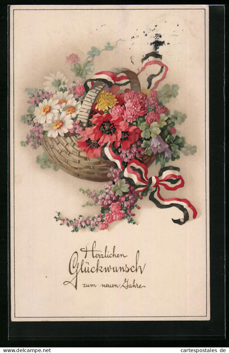 AK Neujahrsgrüsse Mit Einem Blumenkorb Und Schleifenband Mit Den Farben Des Deutschen Reiches  - Guerre 1914-18